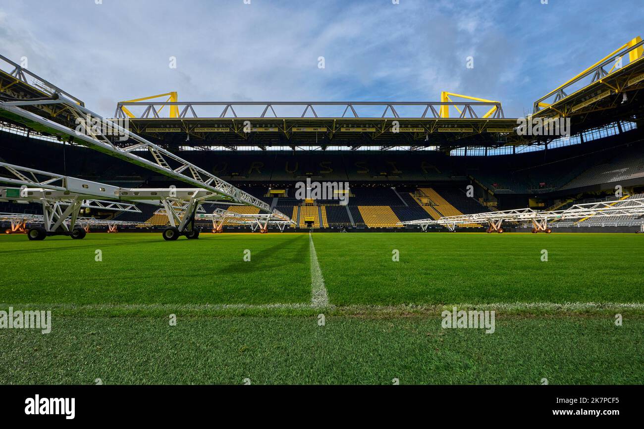 Pitch view with grass caring equipment at Signal Iduna Arena - the official playground of FC Borussia Dortmund, Germany Stock Photo