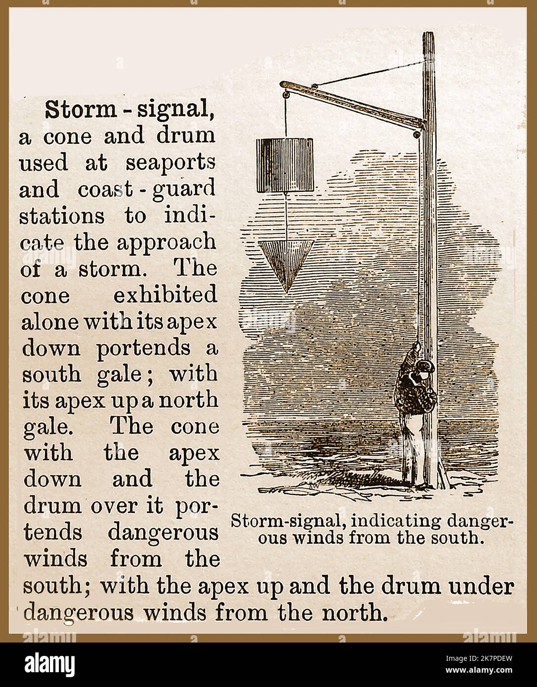 A 19th century English dictionary illustration, describing a maritime Storm Signal and the coded system of using acone and drum system Stock Photo