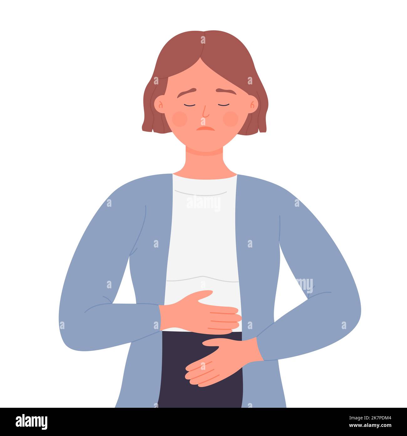 Sick adult holding belly. Stomach cramps pain, suffering from illness