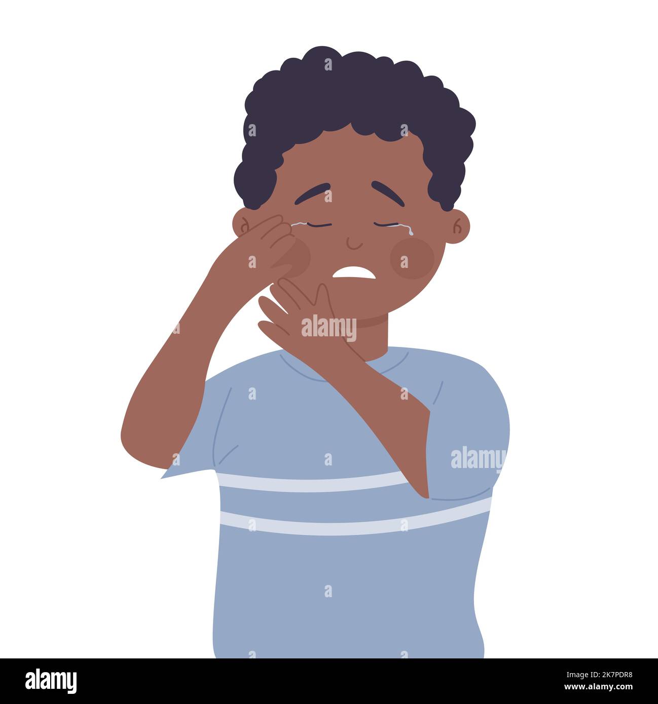 Sick crying little boy. Kid feeling bad, suffering from illness, body