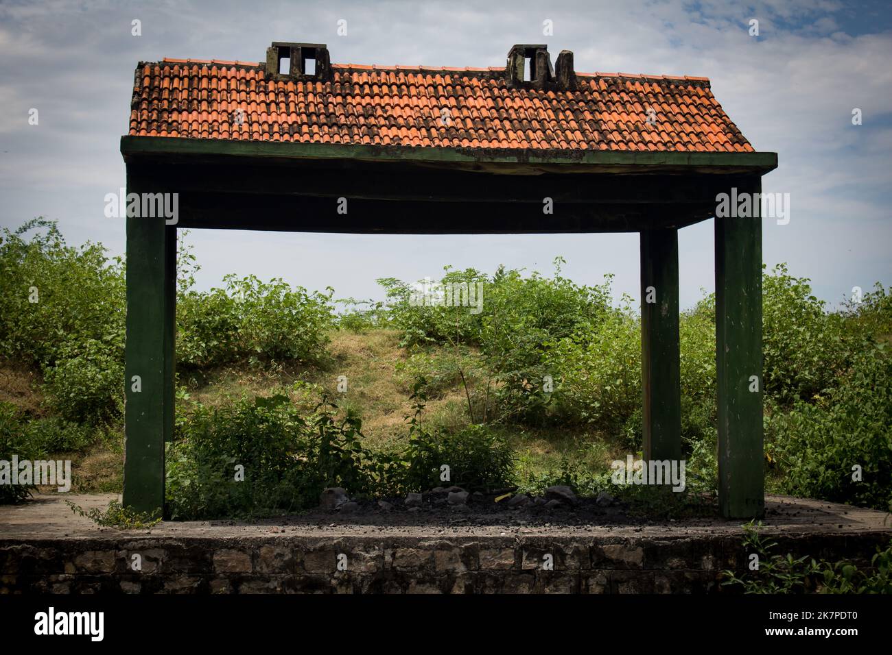 Cremation ground where the dead bodies are burnt in open air pyre after last rites. Stock Photo