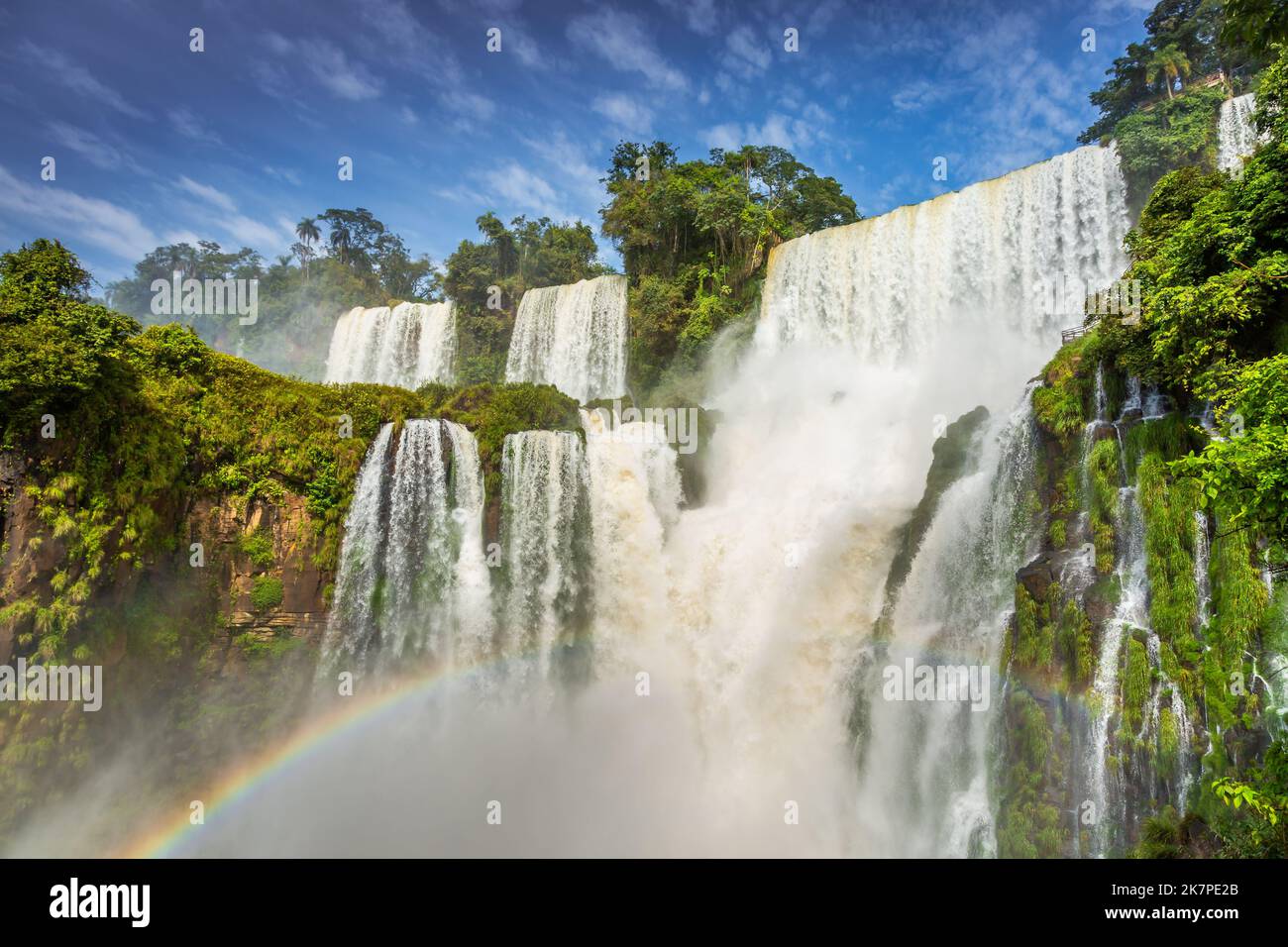 Iguazu Falls and rainbow landscape, view from Argentina side, South America Stock Photo