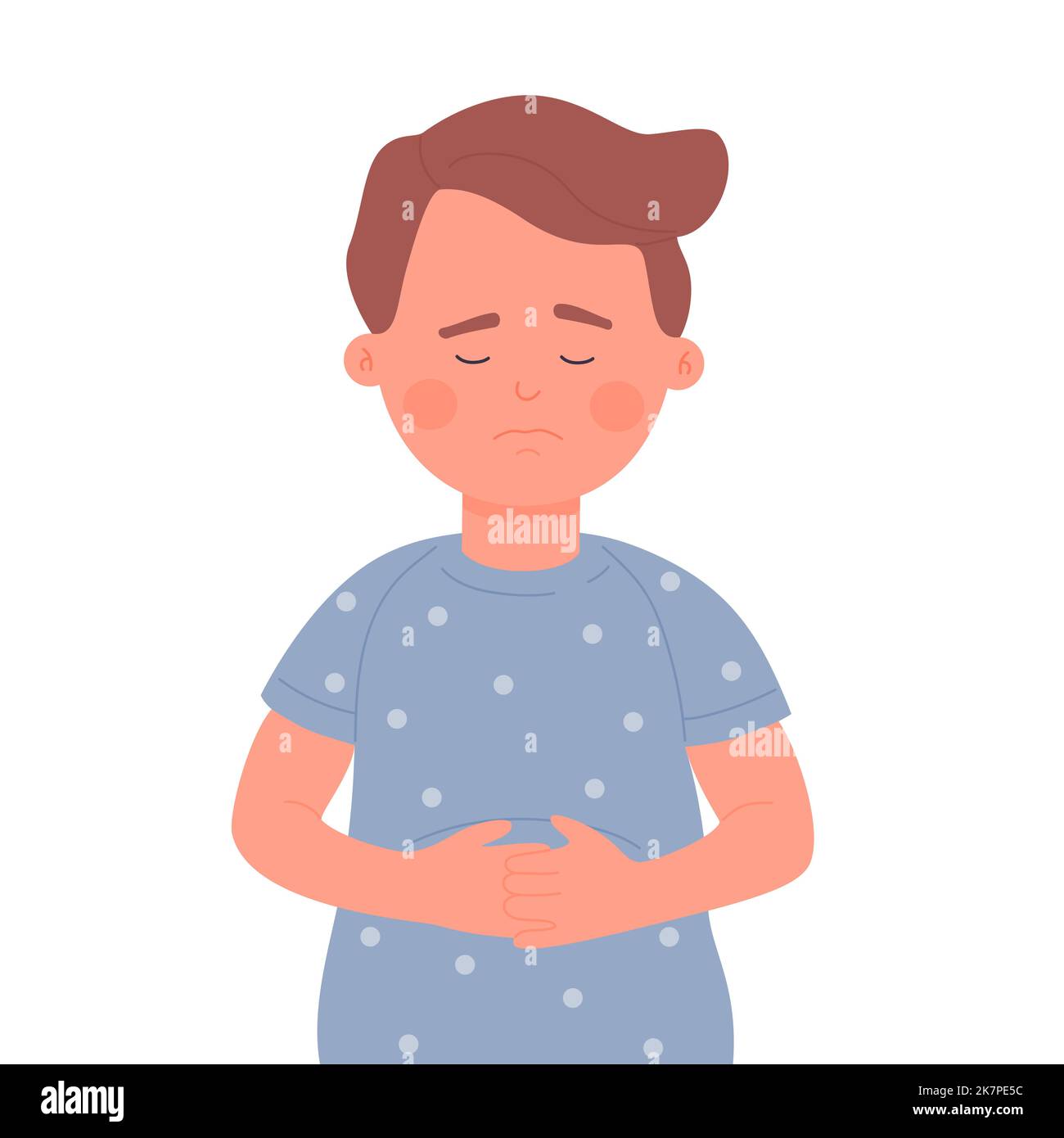 Sick child holding belly. Stomach disease, intestinal disorder vector illustration Stock Vector