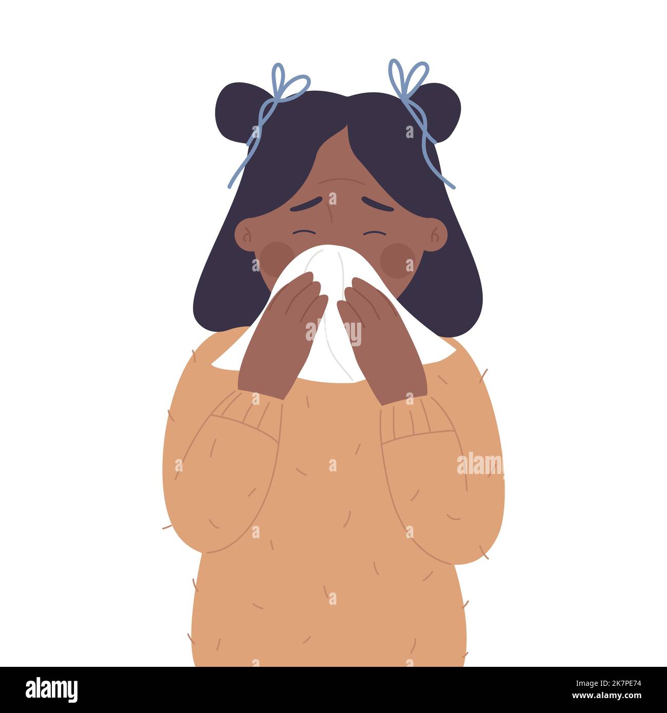Little girl with runny nose. Sick child, cold and flu symptoms vector illustration Stock Vector