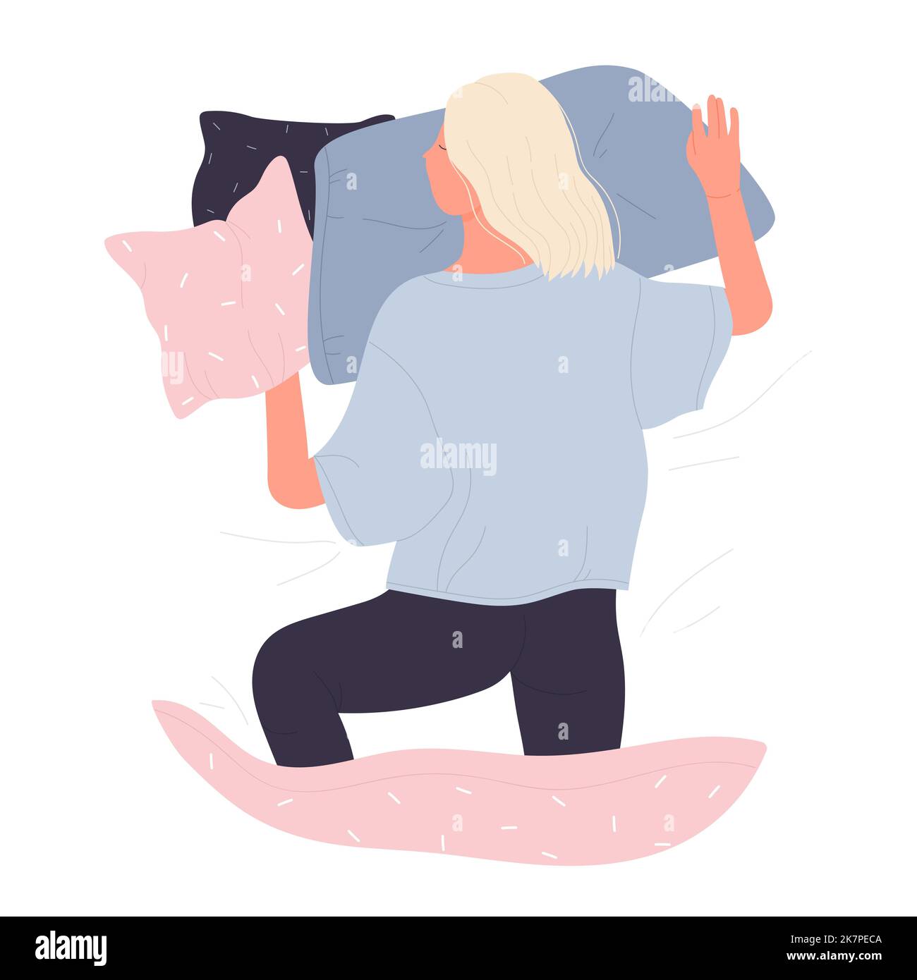 Woman sleeping alone in bed. Pyjamas wearing, night time, dreaming state vector illustration Stock Vector
