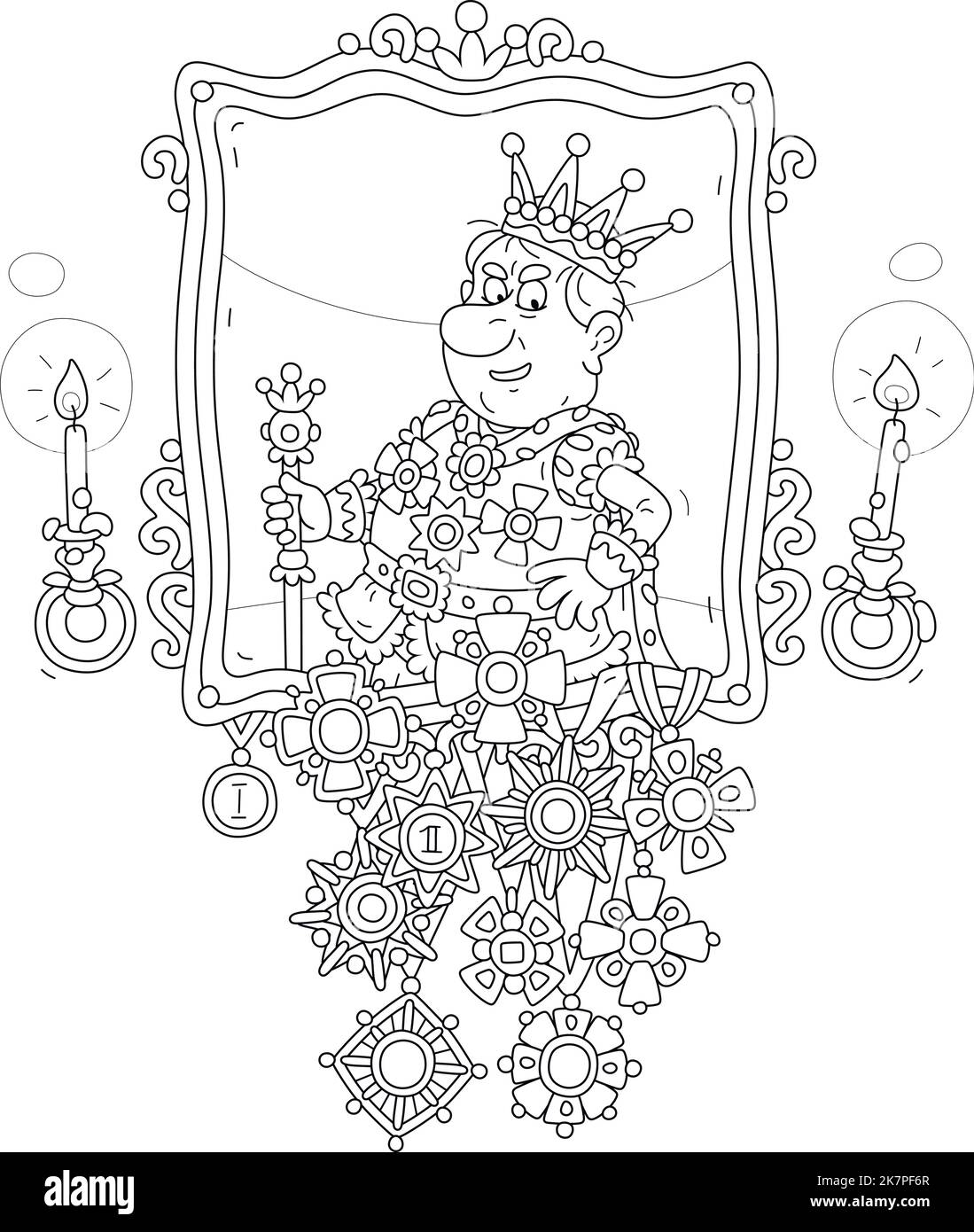 Ceremonial portrait of a funny angry king with many jeweled orders and