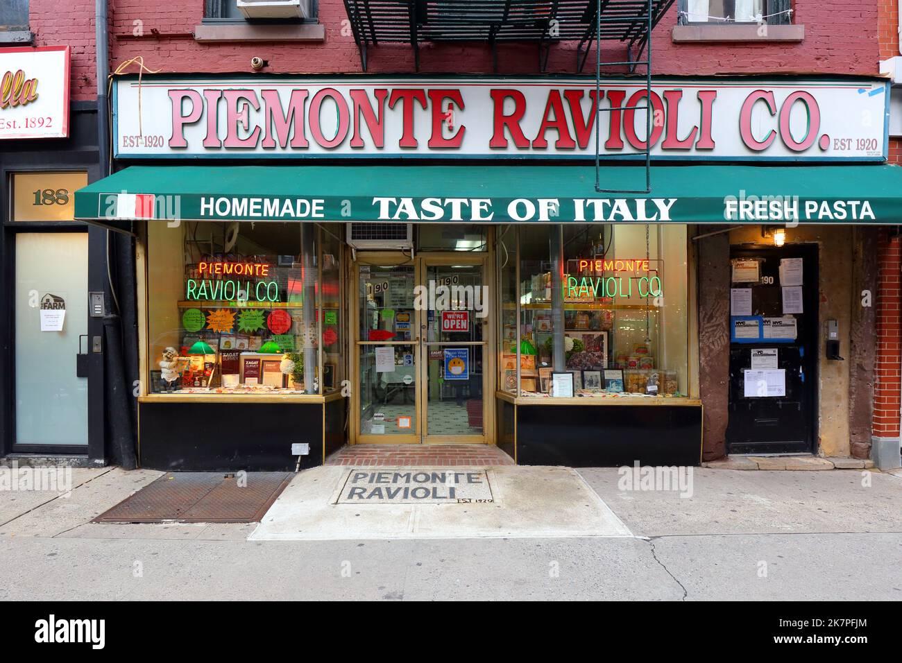 Piedmonte Ravioli, 190 Grand St, New York, NYC storefront photo of a pasta store in the Little Italy neighborhood in Manhattan. Stock Photo