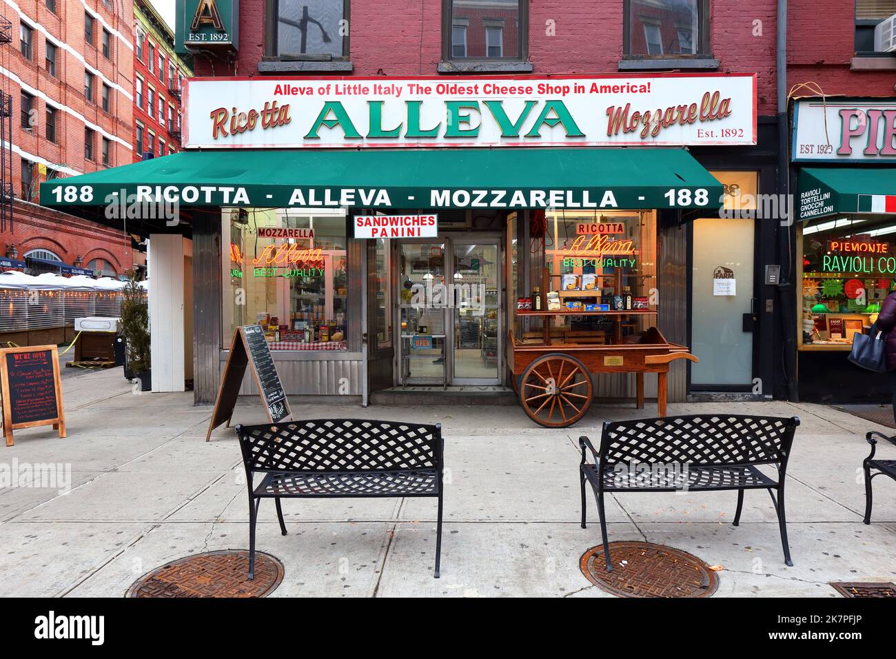 [historical storefront] Alleva Dairy, 188 Grand St, New York, NYC storefront photo of a cheese store in Manhattan's Little Italy neighborhood. Stock Photo