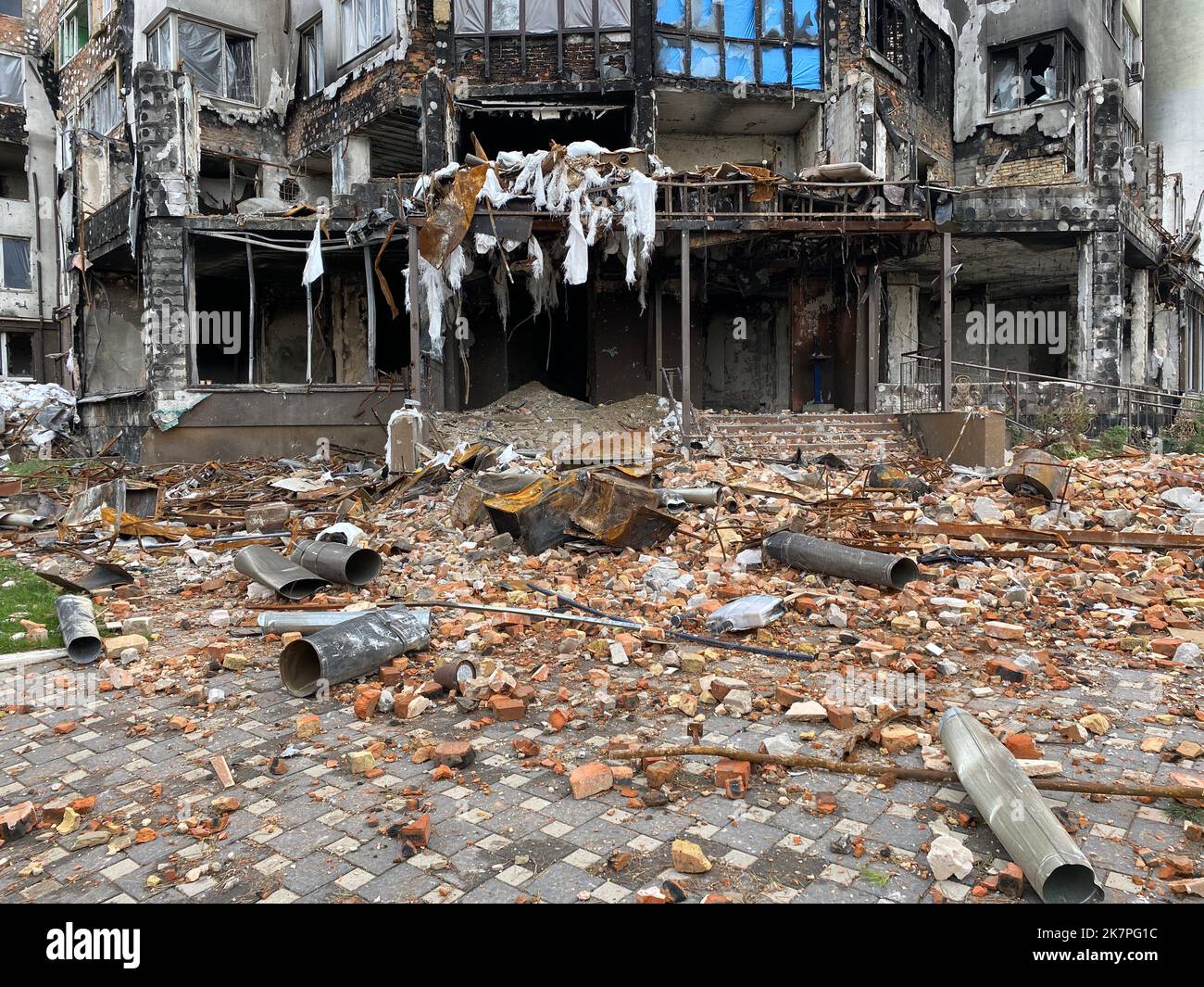 Destroyed and damaged residential buildings in Bucha after Russia's invasion of Ukraine Stock Photo
