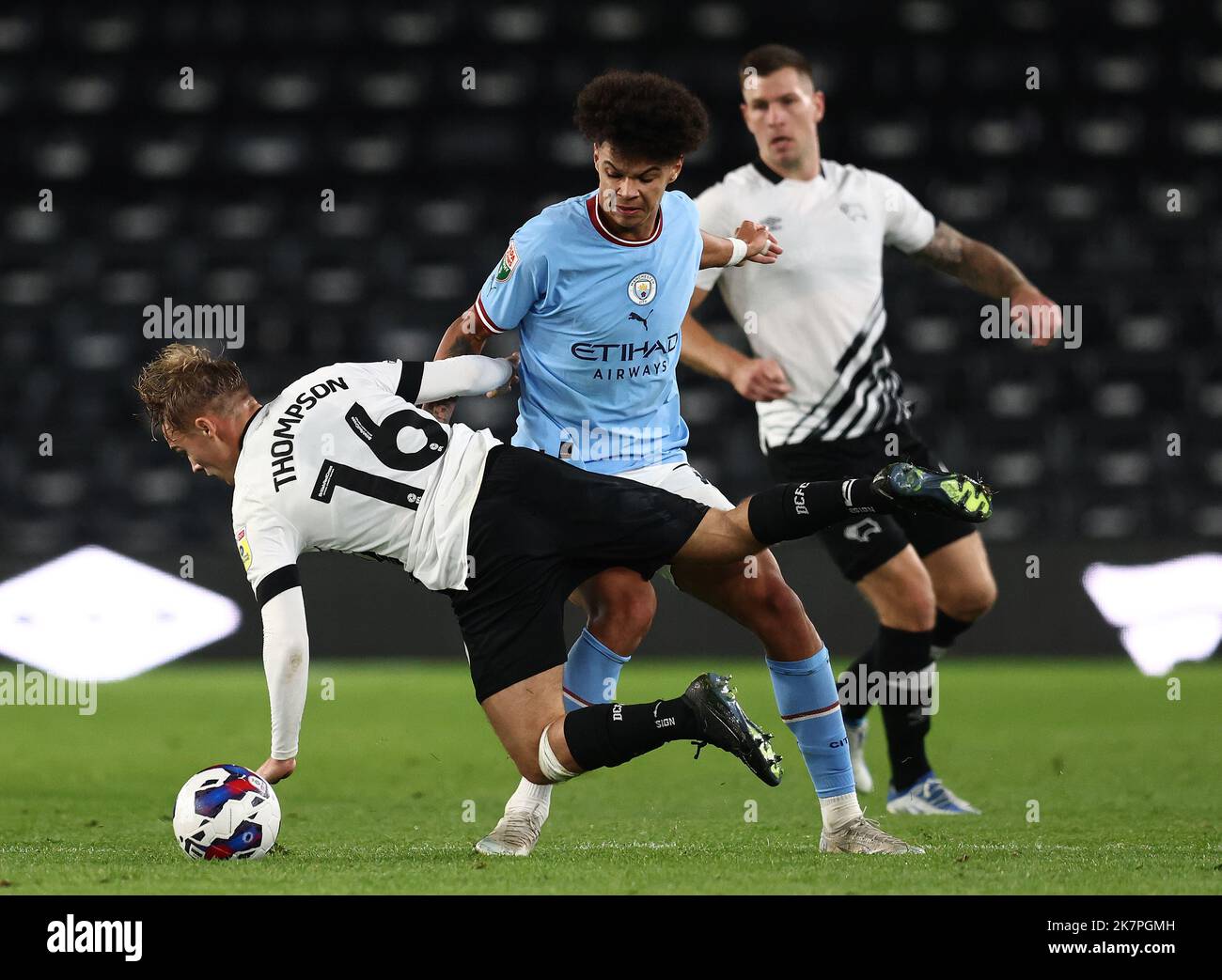 Derby, England, 18th October 2022.  Nico OÕReilly of Manchester City challenges Liam Thompson of Derby County during the Papa Johns Trophy match at Pride Park Stadium, Derby. Picture credit should read: Darren Staples / Sportimage Stock Photo