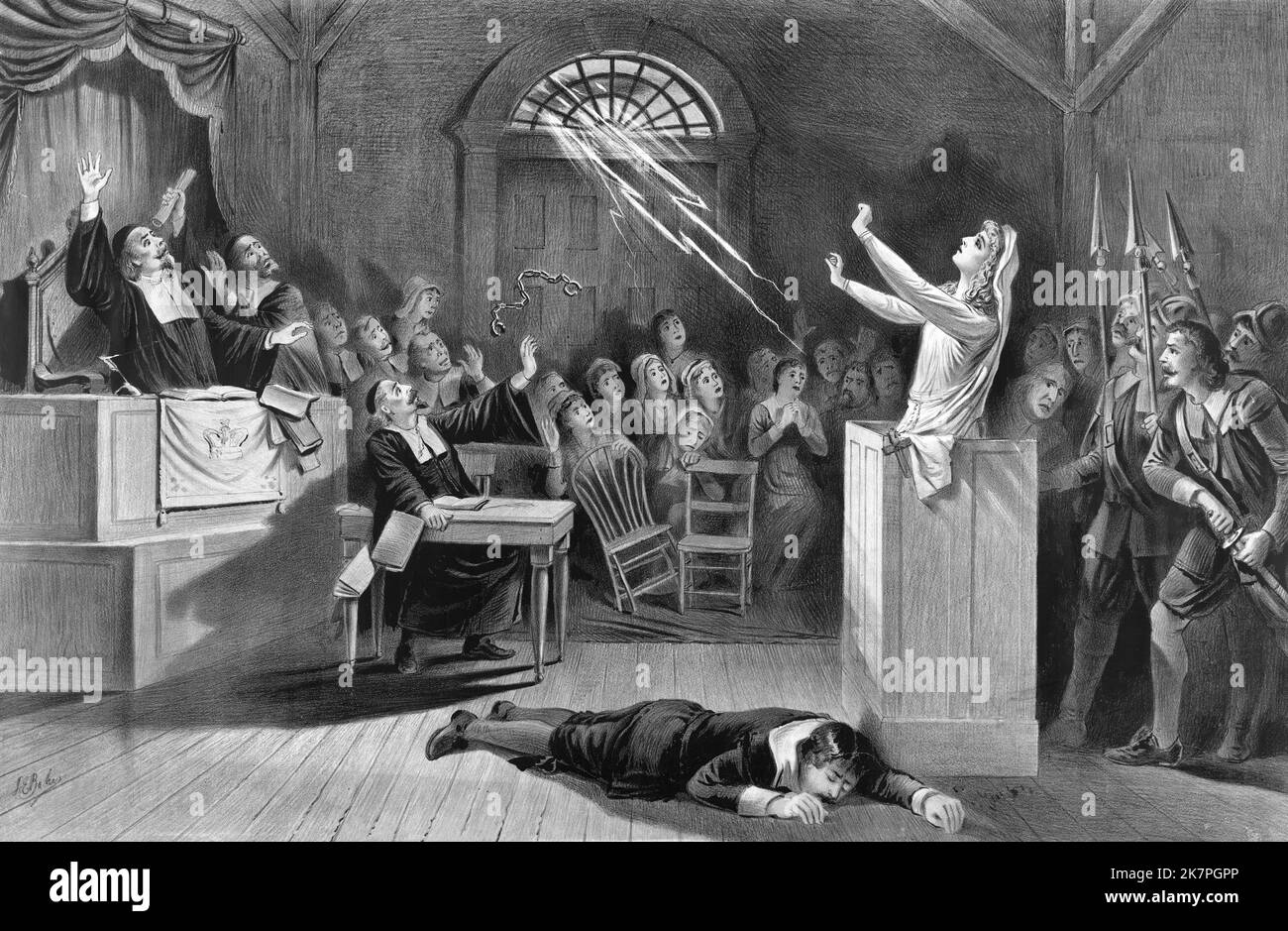 Witchcraft trial depiction, Witchcraft traditionally means the use of magic or supernatural powers to harm others. A practitioner is a witch. Stock Photo