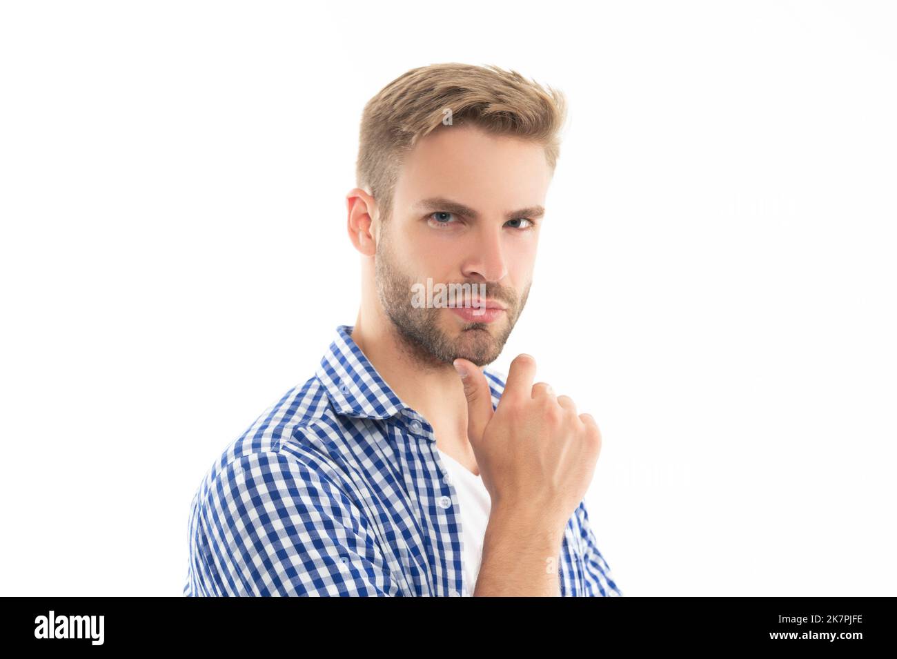 charismatic unshaven man in checkered shirt. unshaven man skincare ...