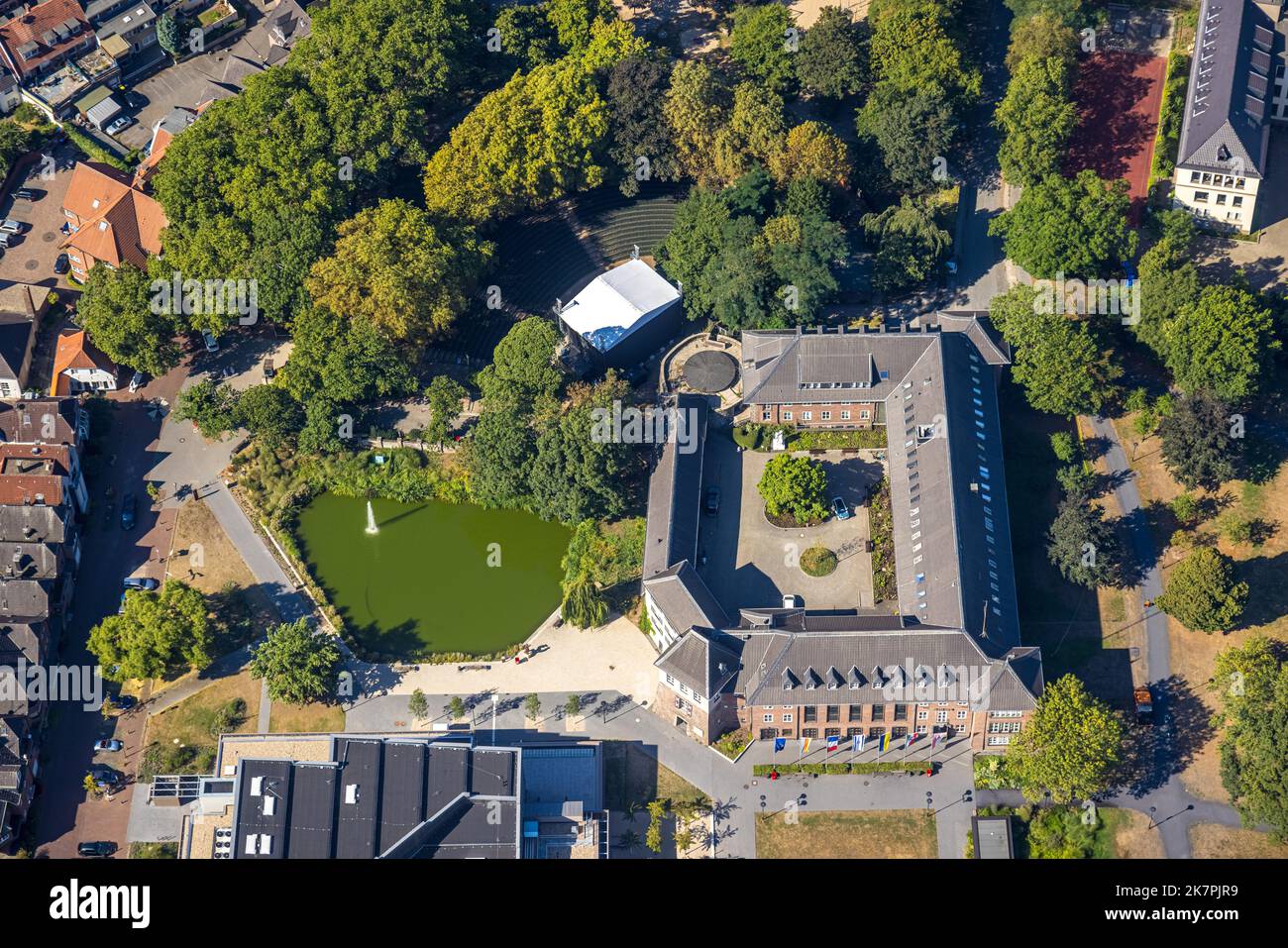 Aerial view, city hall, castle and palace Dinslaken, open air stage