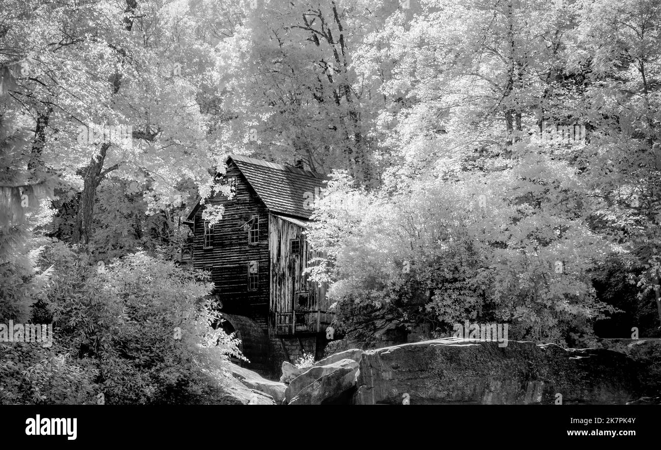 Infrared Red image of The Glade Creek Grist Mill in Babcock State Park in West Virginia USA Stock Photo
