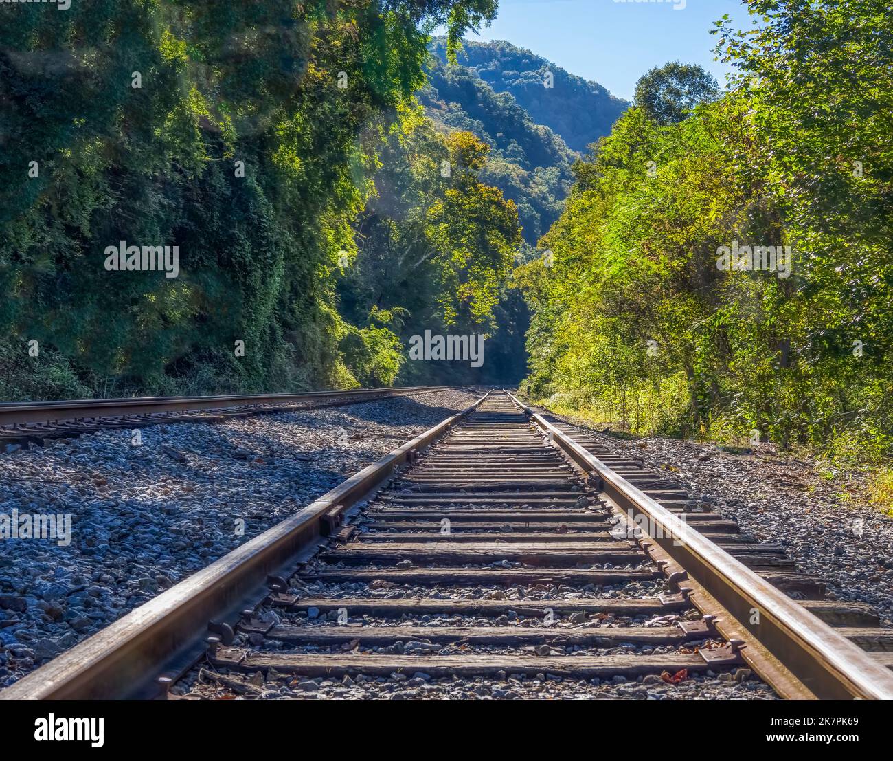 Looking down straight railroad tracks in the New River Gorge National Park and Preserve in West Virginia USA Stock Photo