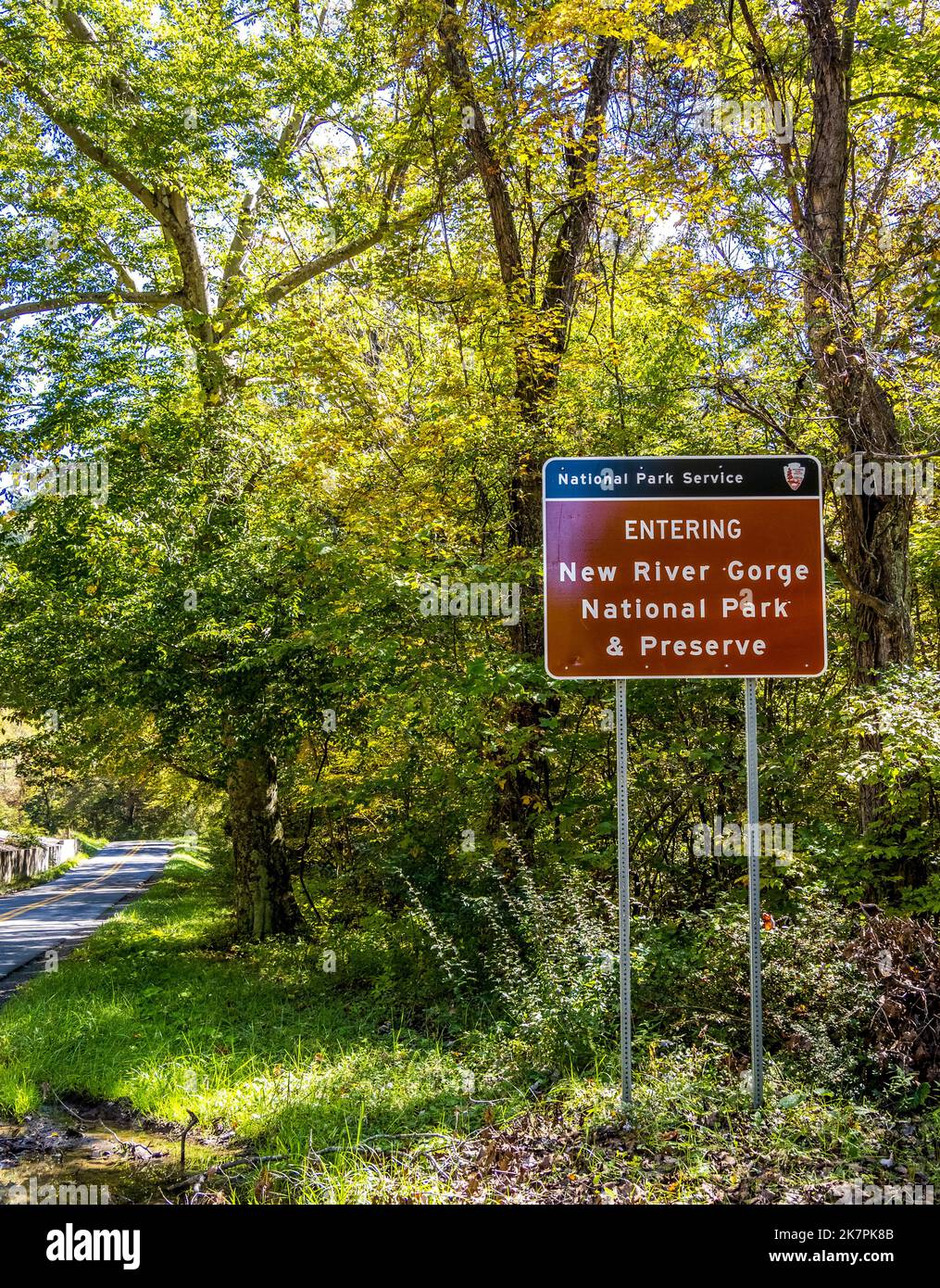 Entrance sign to New River Gorge National Park and Preserve in West Virginia USA Stock Photo