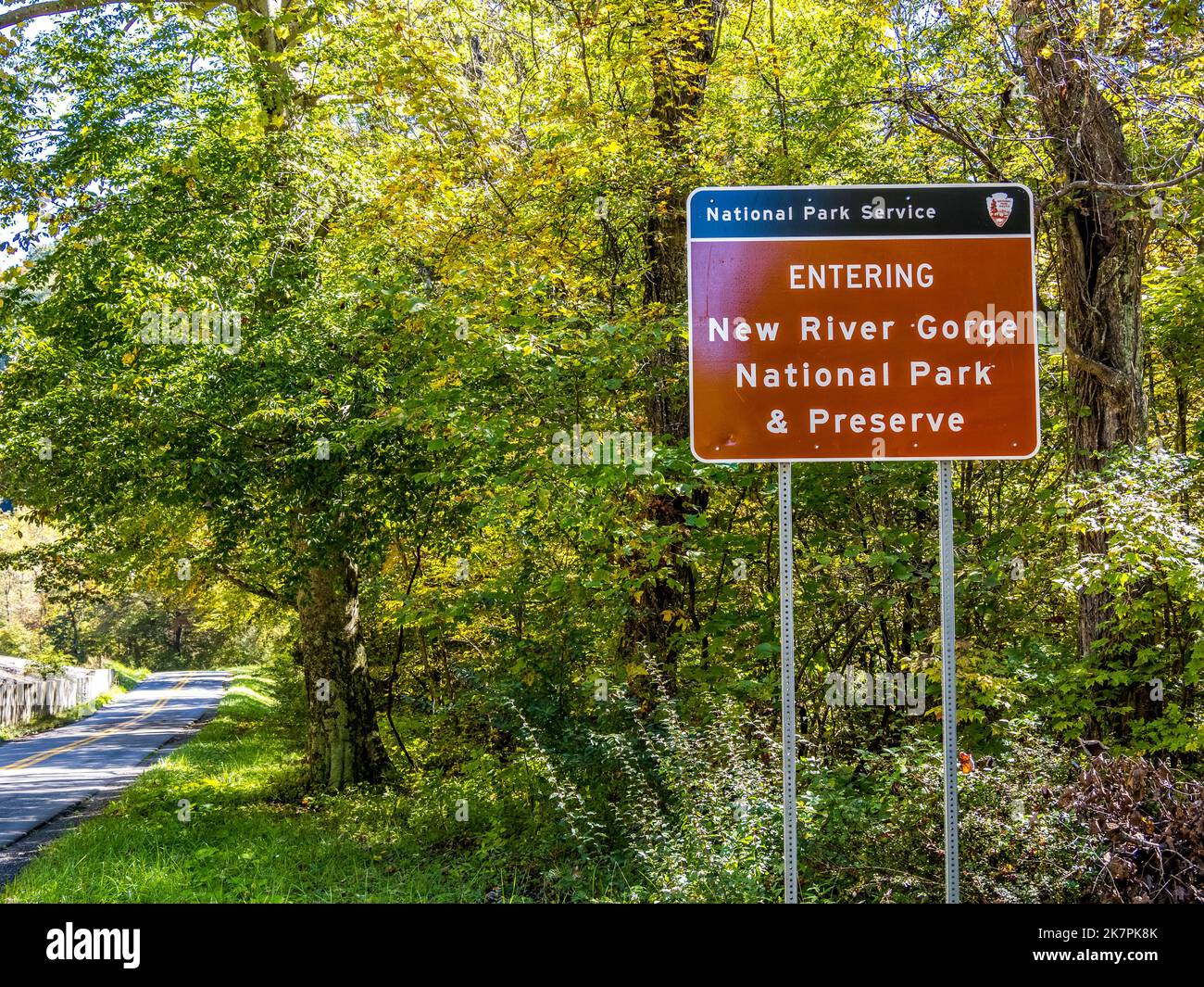 Entrance sign to New River Gorge National Park and Preserve in West Virginia USA Stock Photo