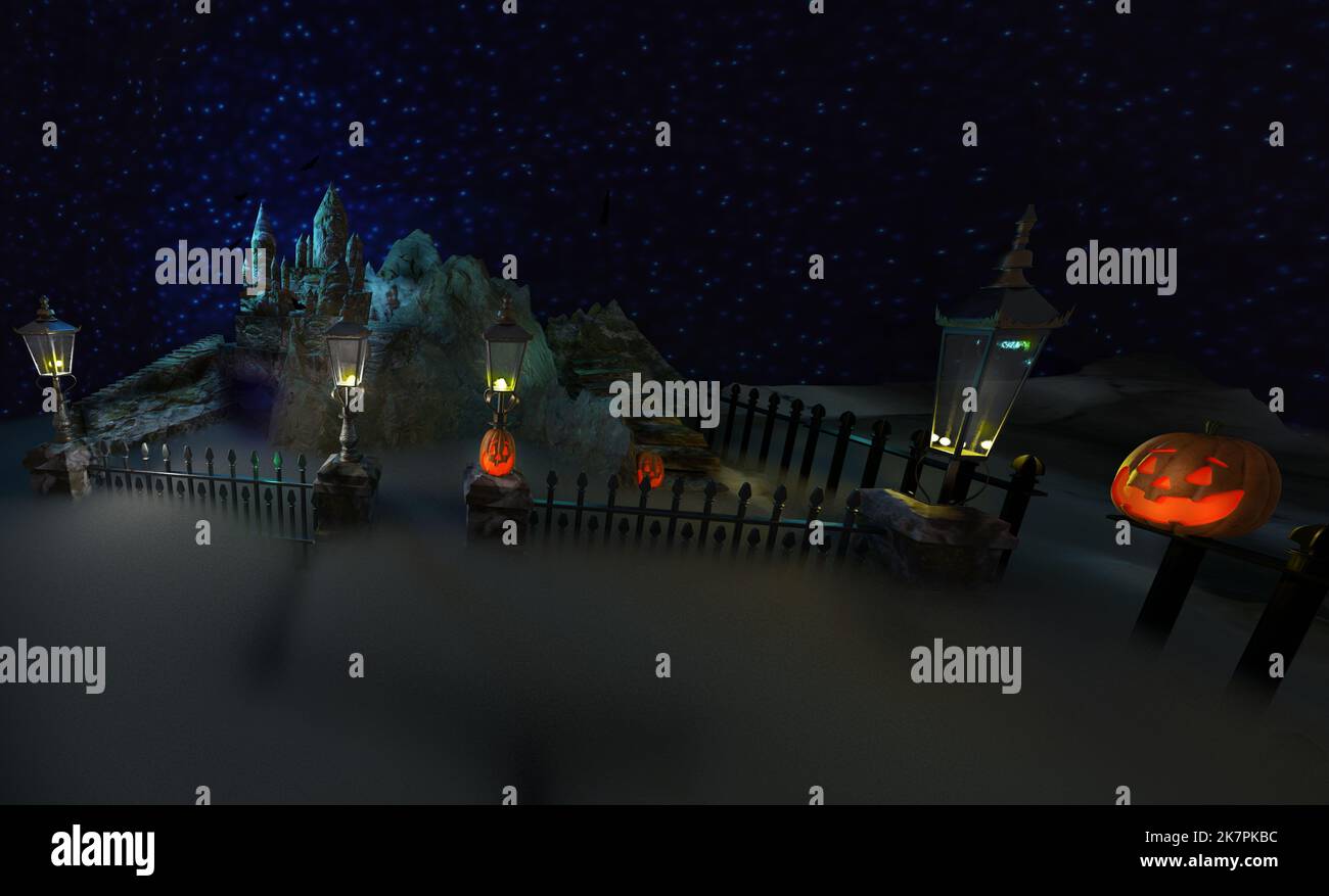 Halloween background. Spooky night with old castle and pumpkins Stock ...