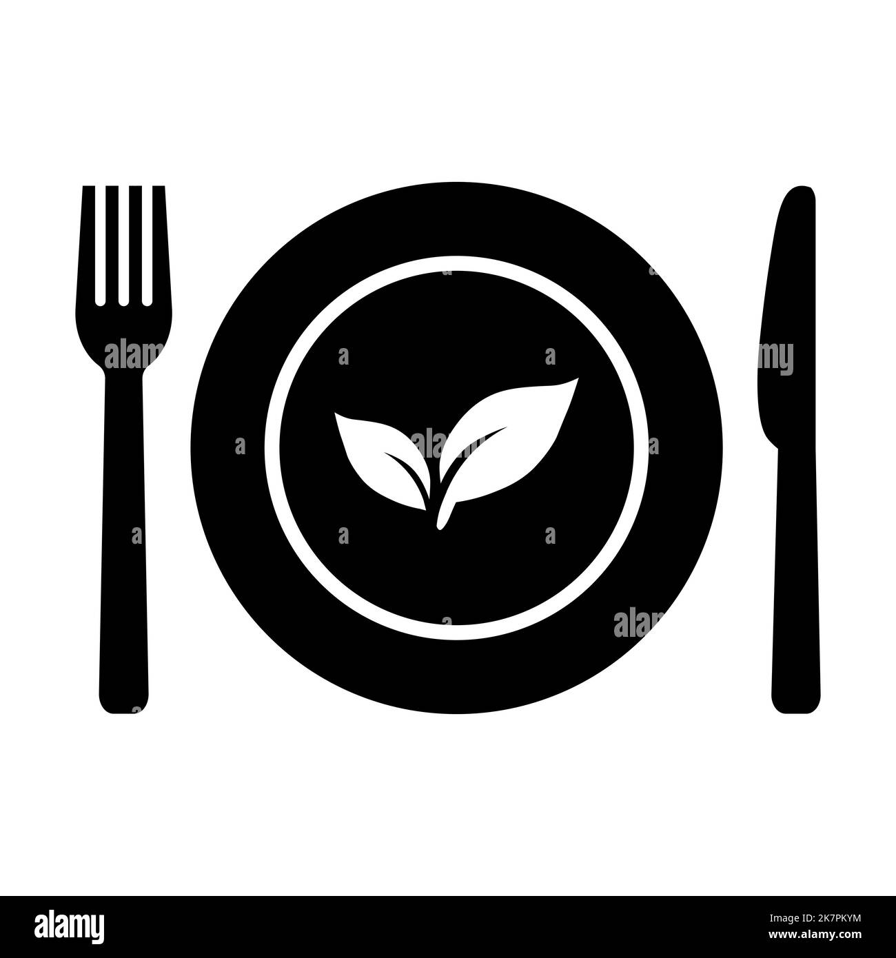 Healthy food icon in flat. Vegan salad on plate simbol on white. Plate, fork with knife and leaf sign. Simple nutrition for vegetarian restaurant Meal Stock Vector