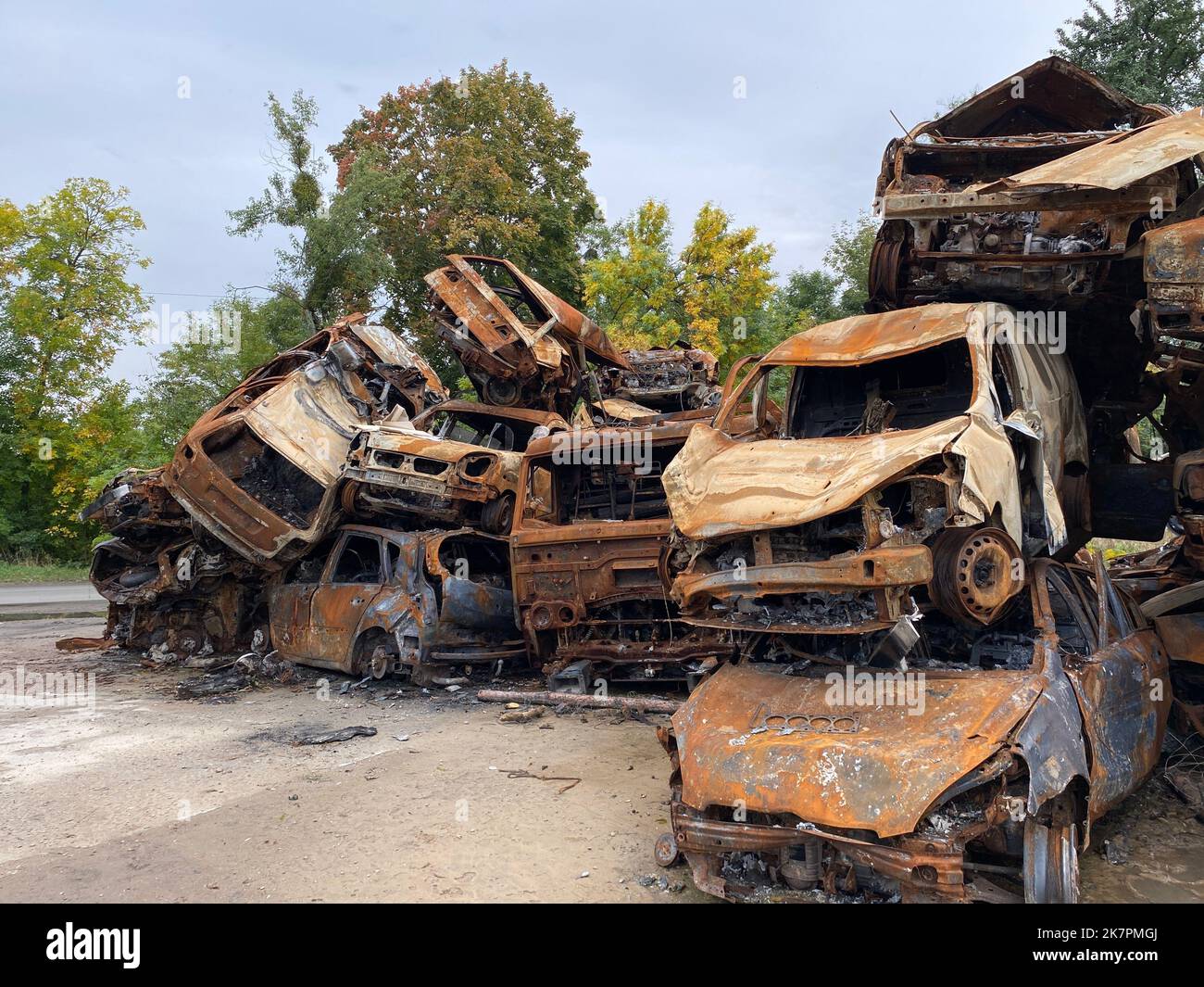 A bunch of burned and shelled cars in Gostomel in the Kiev region Stock