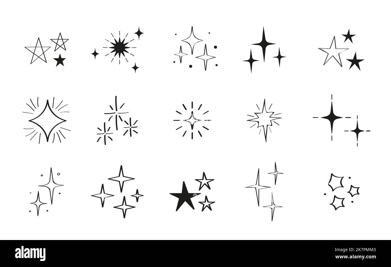 Glitter stars in doodle set vector. Sketch star shapes, shining line