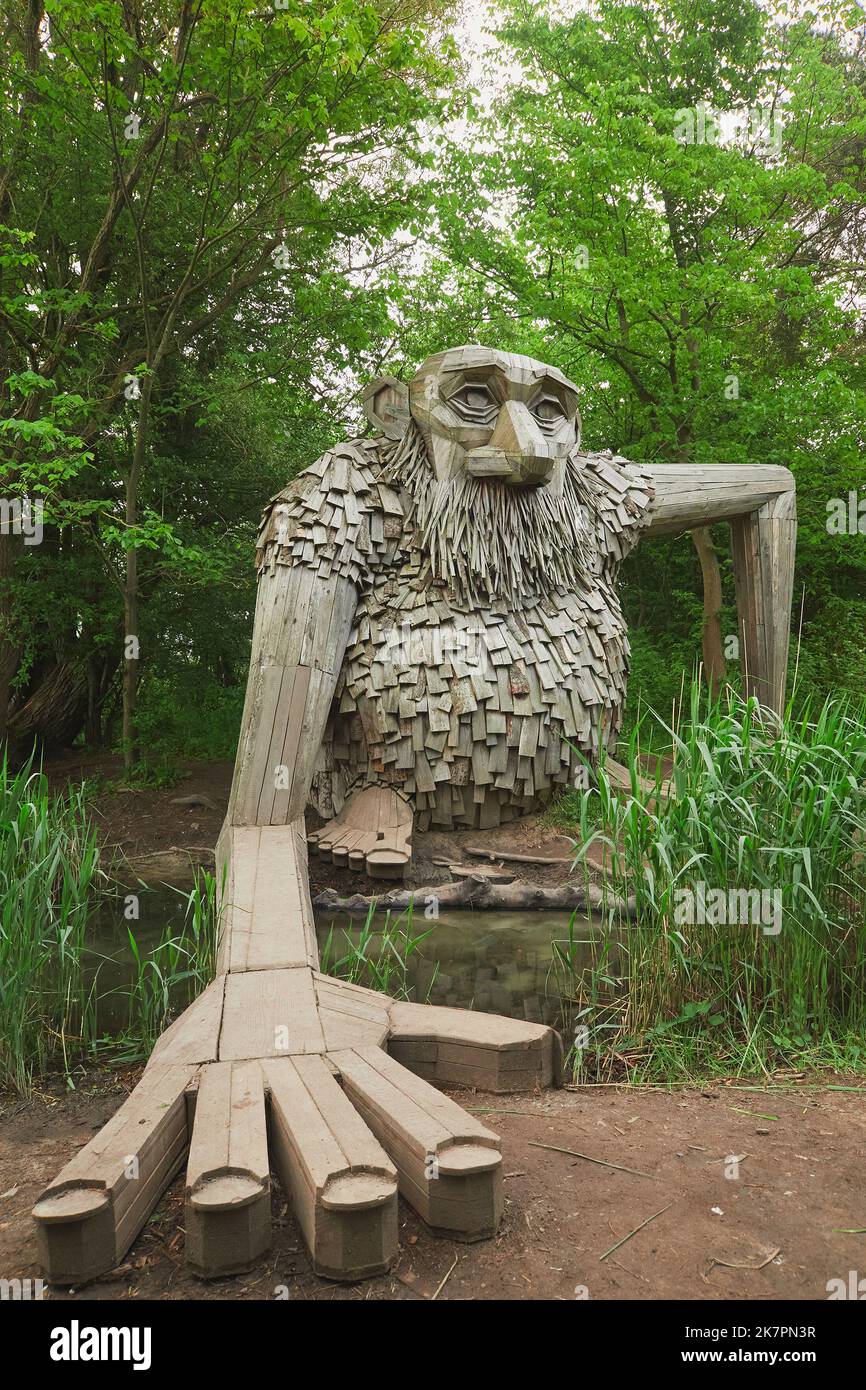 Hoje Taastrup, May, 2022: Giant wooden troll made from waste wood Stock Photo