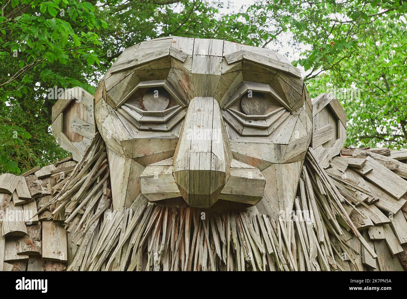 Hoje Taastrup, May, 2022: Giant wooden troll made from waste wood Stock Photo