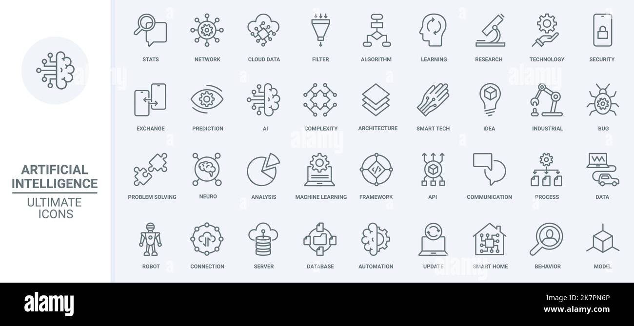 AI technology thin line icons set vector illustration. Abstract outline machine and artificial brain of robot learning, smart algorithms and automation, data cloud analytics and statistics analysis Stock Vector