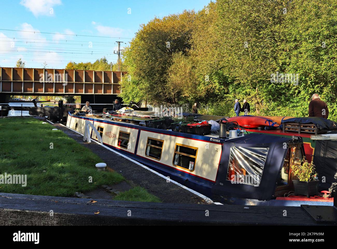 The Leeds and Liverpool canal reopens following water restrictions and two narrow boats are rising up in lock number 85 on Monday the 17.10.2022 Stock Photo