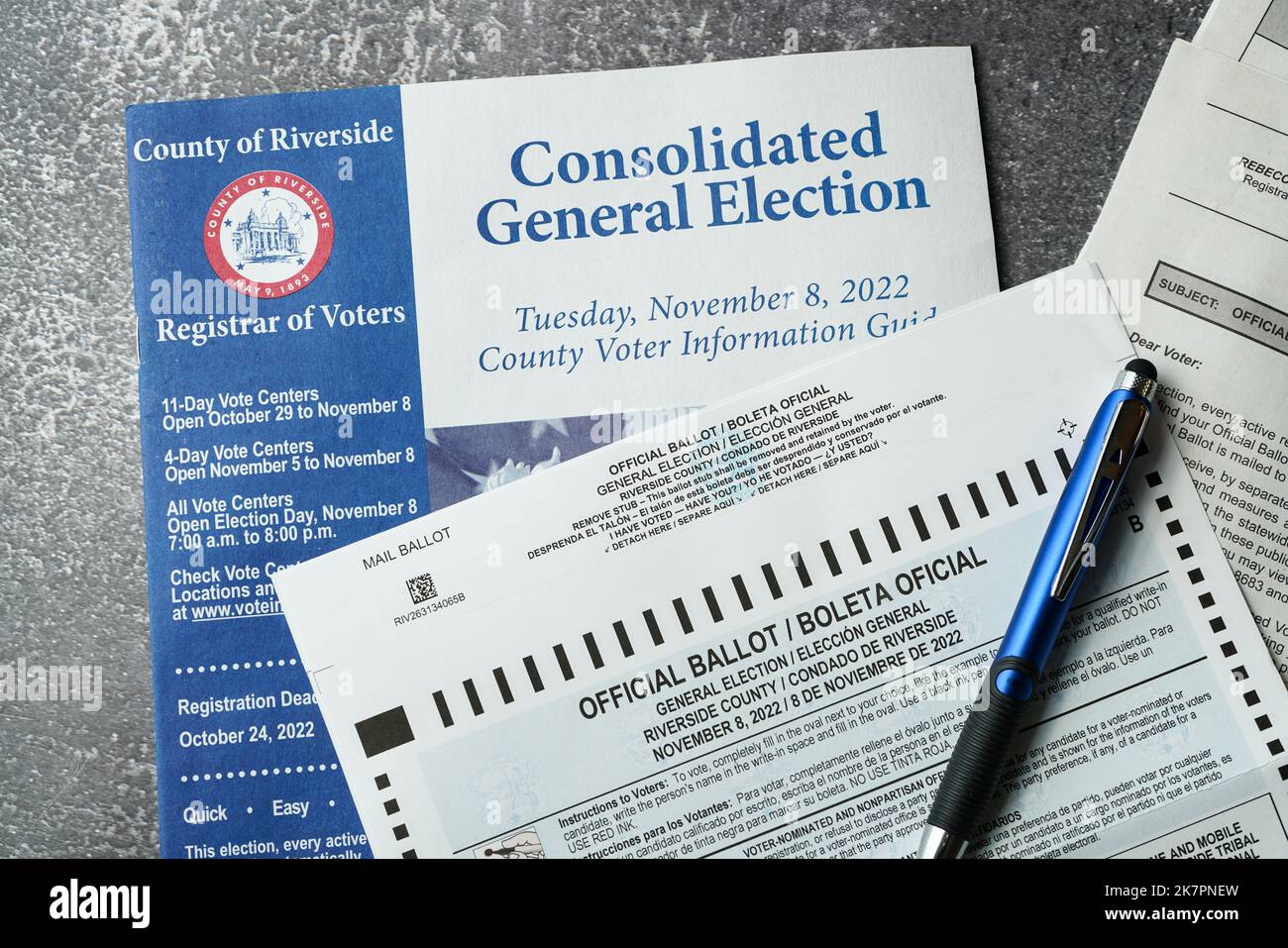 Lake Elsinore, CA, USA - October 18,2022: Closeup of 2022 California Midterm Election Ballot materials. Stock Photo