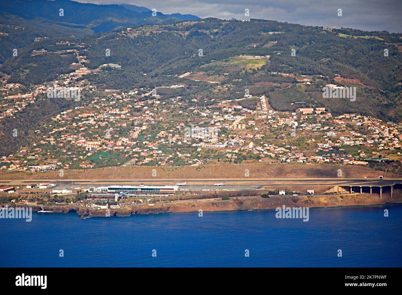Portugal, Madeira, Funchal, airport, runway, aerial view, Stock Photo