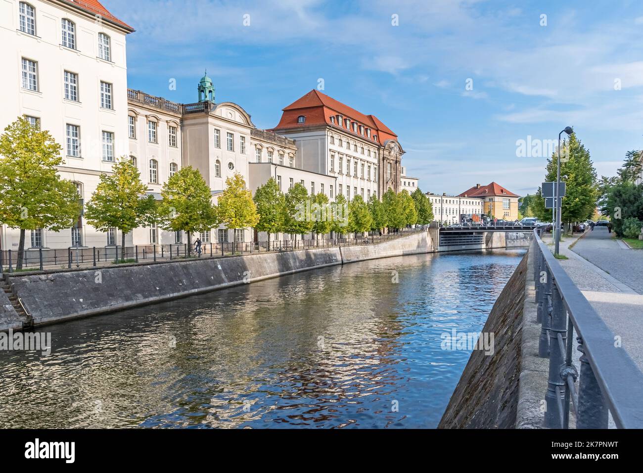 Berlin, Germany - September 23, 2022:  Berlin-Spandau shipping canal with the building of Federal Ministry for Economic Affairs and Energy and the fiv Stock Photo