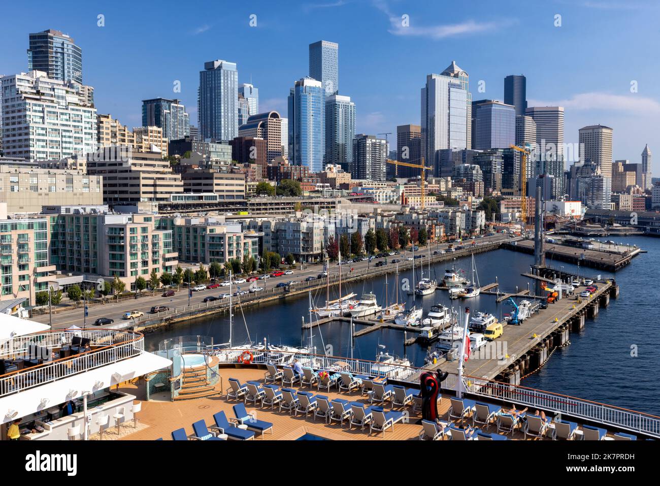 Downtown Seattle Skyline viewed from cruise ship at Pier 66 in Seattle, Washington, USA Stock Photo