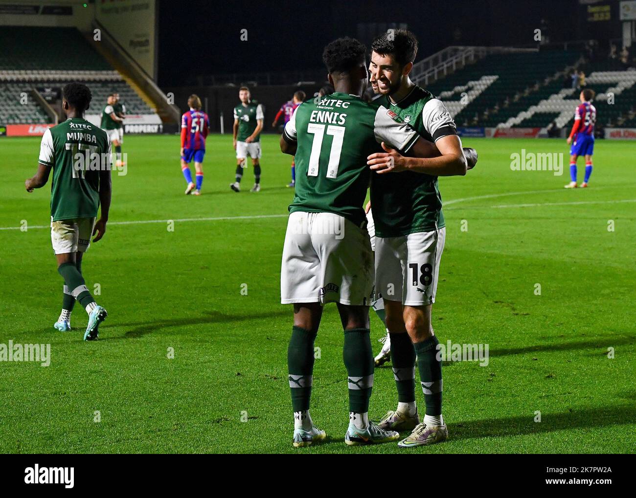 Plymouth, UK. 18th Oct, 2022. GOAL Plymouth Argyle forward Niall Ennis (11)  and Plymouth Argyle midfielder Finn Azaz (18) celebrates a goal during the  Papa John's Trophy match Plymouth Argyle vs Crystal