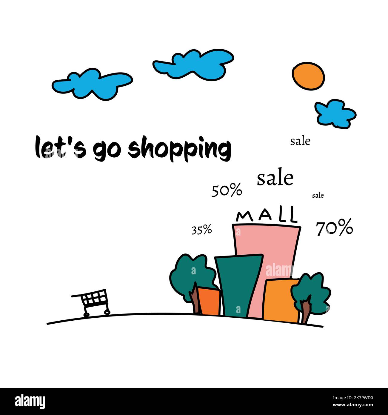 cute funny card, lets go shopping discount mall Stock Vector Image