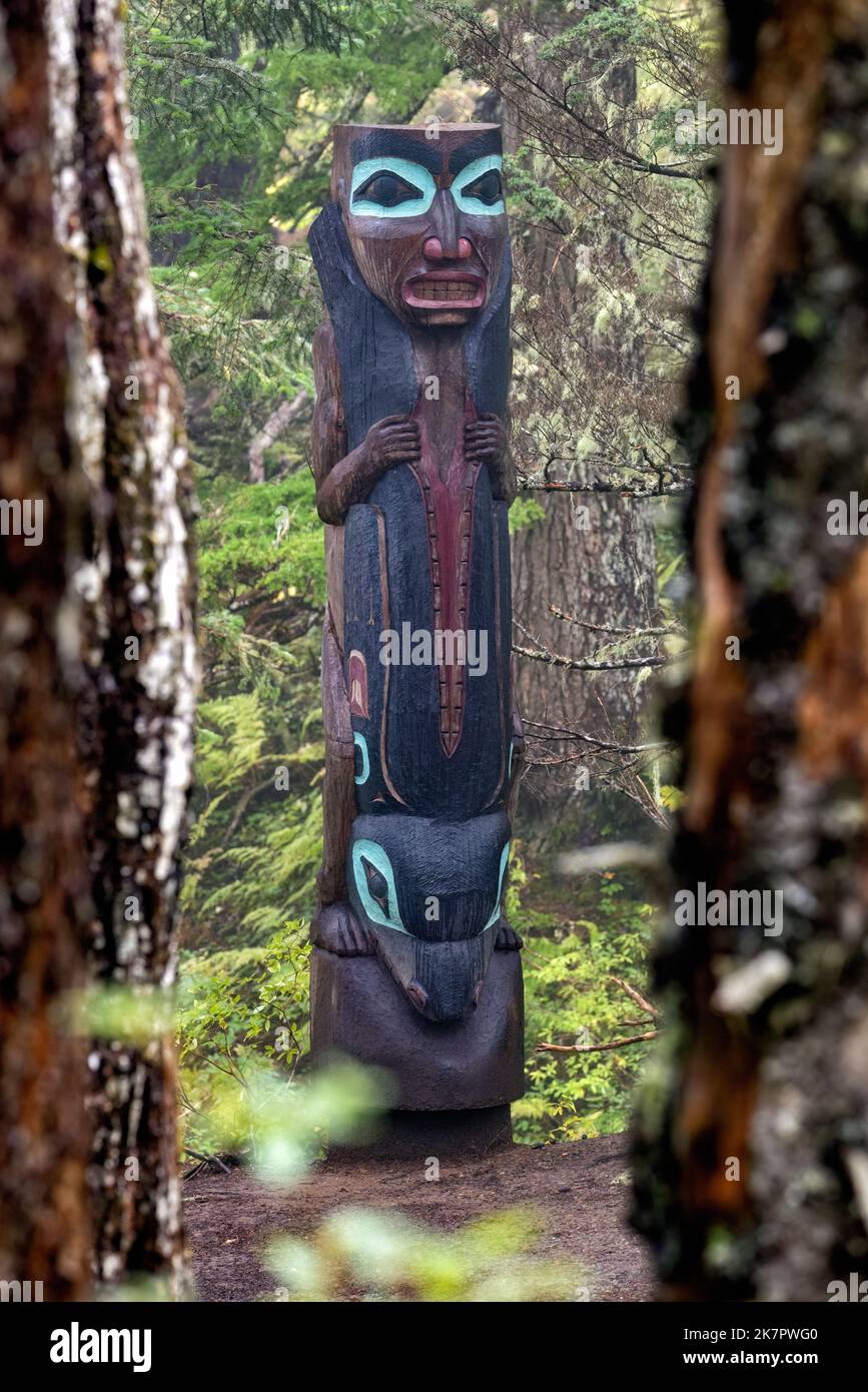 Totem Pole on Mount Roberts Trail - Juneau, Alaska, USA Stock Photo