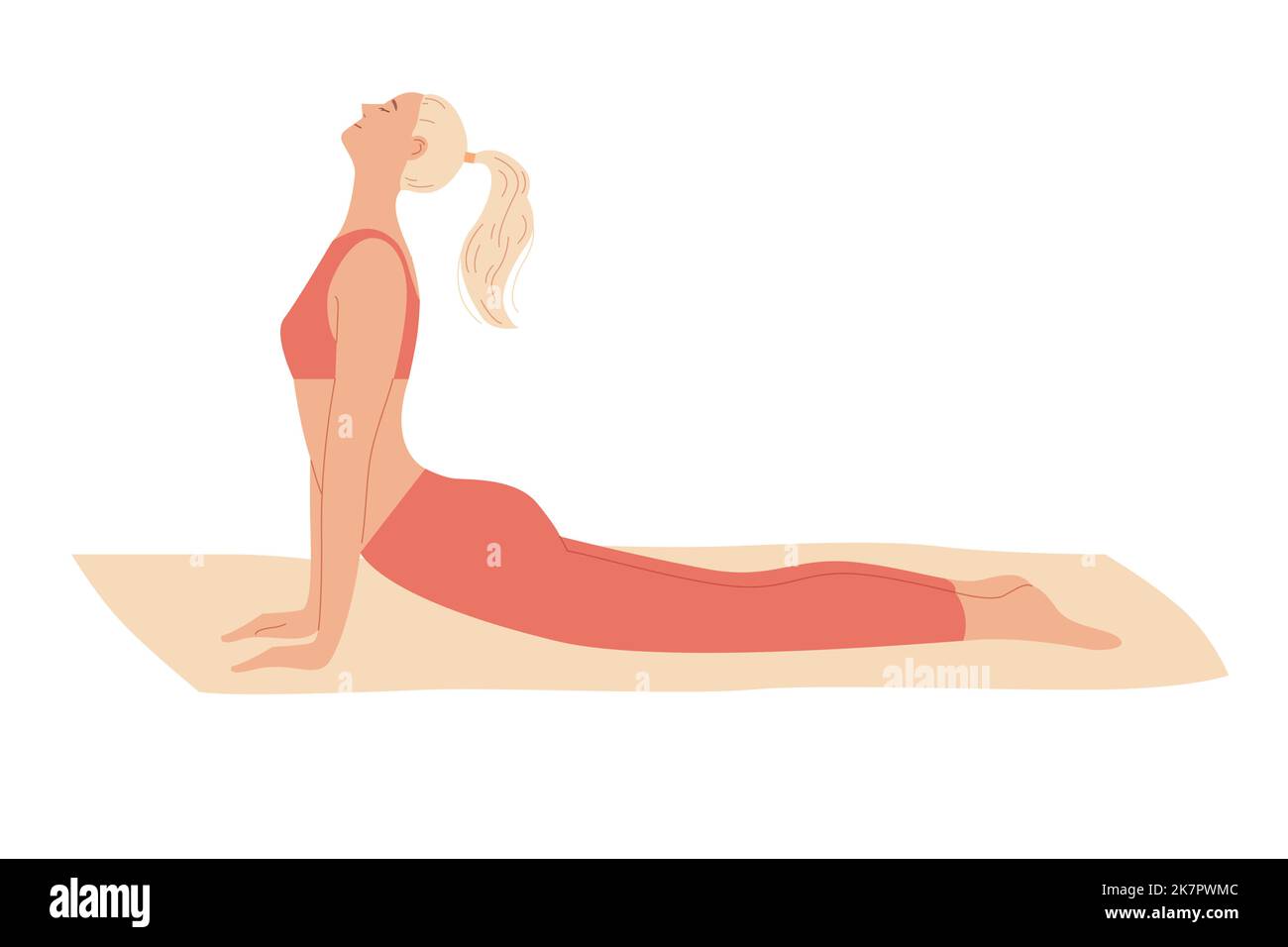 Woman exercises at home, stretches out, curves her back lying on the floor. Stock Vector