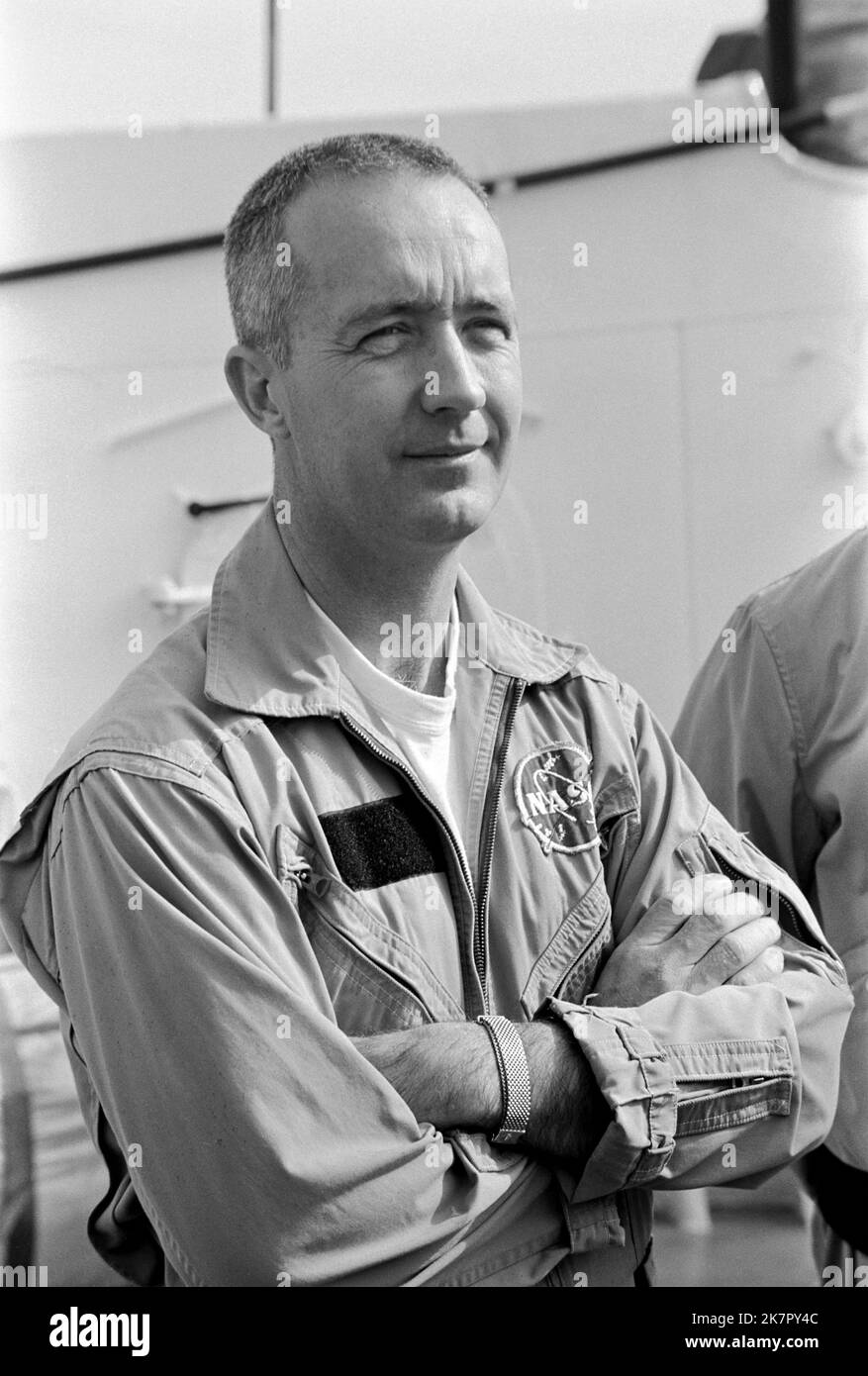Houston, United States. 18th Oct, 2022. NASA astronaut James A. McDivitt, commander of the Apollo 9 space mission, relaxes on the deck of the NASA Motor Vessel Retriever prior to water egress training in the Gulf of Mexico, November 5, 1968 in Houston, Texas. McDivitt commanded the first spacewalk mission and took part in the first crewed orbital flight of a the lunar module, during Apollo 9 died October 15, 2022 at age 93. Credit: NASA/NASA/Alamy Live News Stock Photo