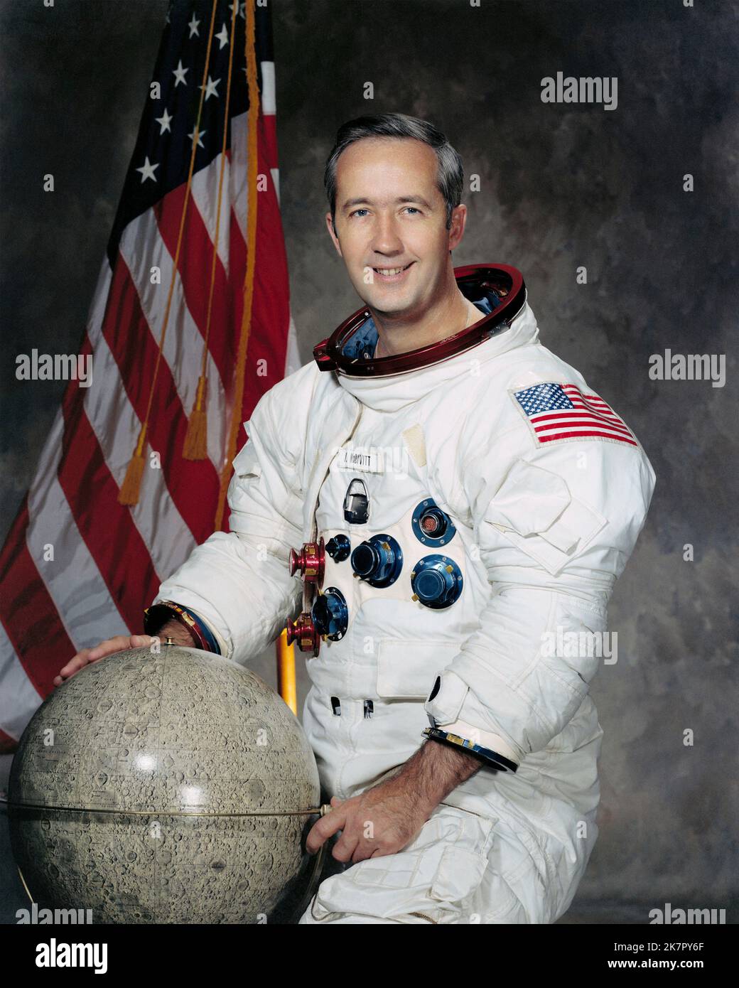 Houston, United States. 18th Oct, 2022. NASA studio portrait of astronaut James A. McDivitt, in his Apollo spacesuit at the Johnson Space Center, January 1, 1971 in Houston, Texas. McDivitt commanded the first spacewalk mission and took part in the first crewed orbital flight of a the lunar module, during Apollo 9 died October 15, 2022 at age 93. Credit: NASA/NASA/Alamy Live News Stock Photo