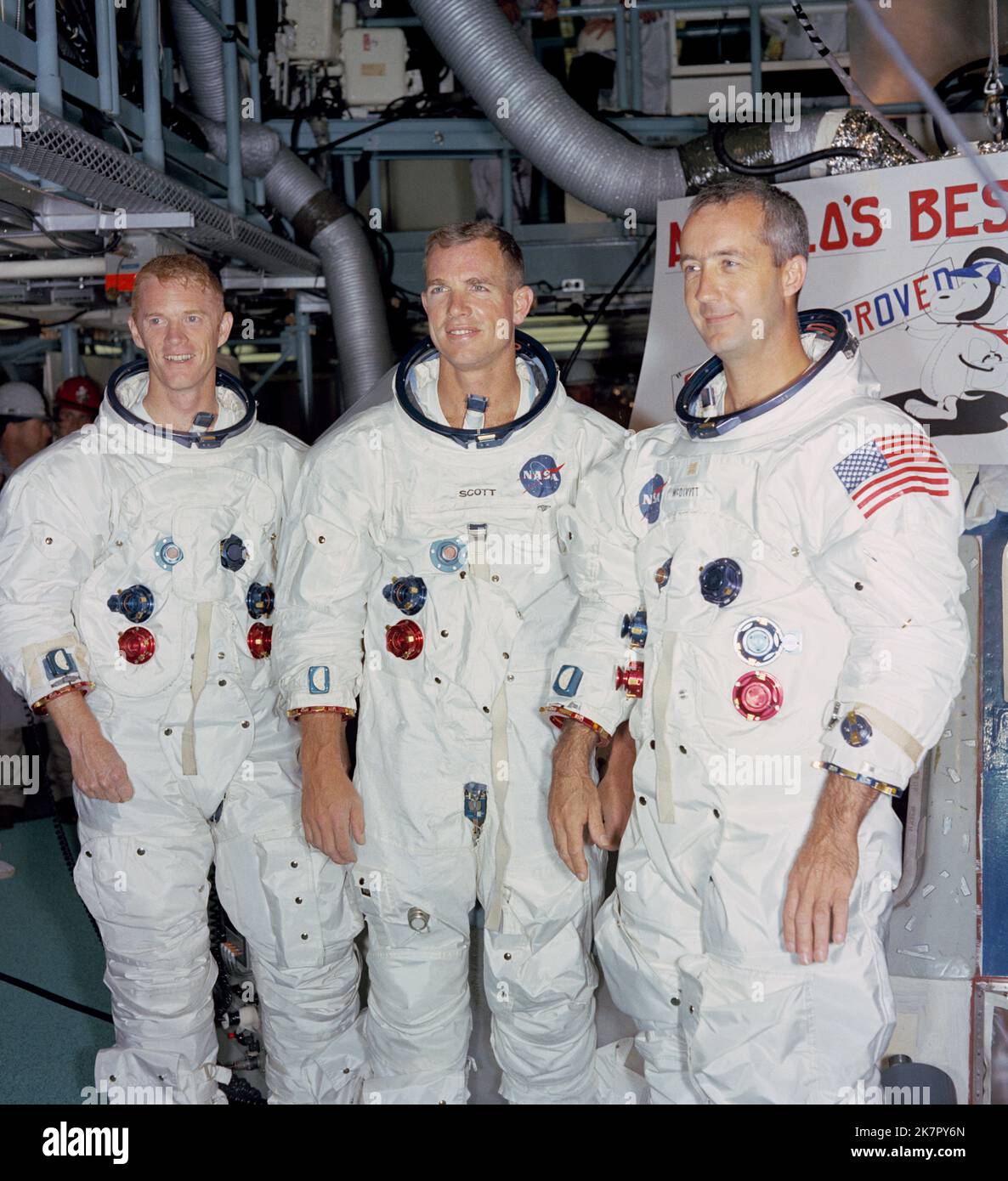 Cape Canaveral, United States. 18th Oct, 2022. NASA Apollo 9 prime crew astronauts, left to right, Russell Schweickart, David Scott, and James McDivitt pose by the Apollo Command Module 103 during training at the Kennedy Space Center, July 19, 1968 in Cape Canaveral, Florida. McDivitt commanded the first Gemini spacewalk mission and commanded Apollo 9 during the first crewed orbital flight of a the lunar module, died October 15, 2022 at age 93. Credit: NASA/NASA/Alamy Live News Stock Photo