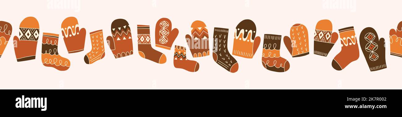 Colorful Retro Knitted Mittens and Socks Vector Seamless Horizontal Pattern Border Stock Vector