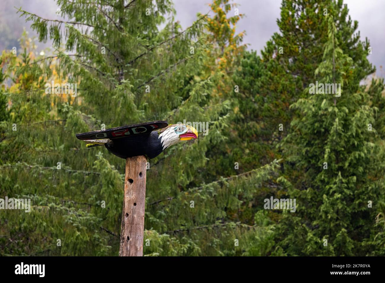 Bald Eagle Totem Pole at Saxman Totem Park - near Ketchikan, Alaska, USA Stock Photo