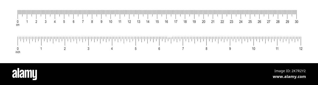 Horizontal scale with 12 inch and 30 centimeter markup and numbers. Measuring charts of metric and imperial unit. Distance, height or length measurement tool templates. Vector graphic illustration Stock Vector