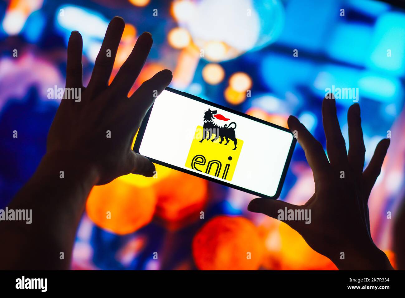 In this photo illustration, the Eni (Ente Nazionale Idrocarburi) logo is displayed on a smartphone screen. Stock Photo