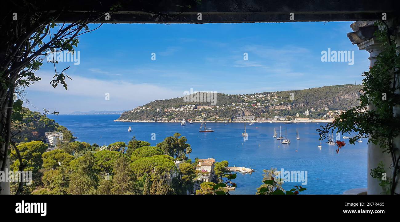 Amazing panorama on Rade de Villefranche-sur-Mer with sailboats and ...