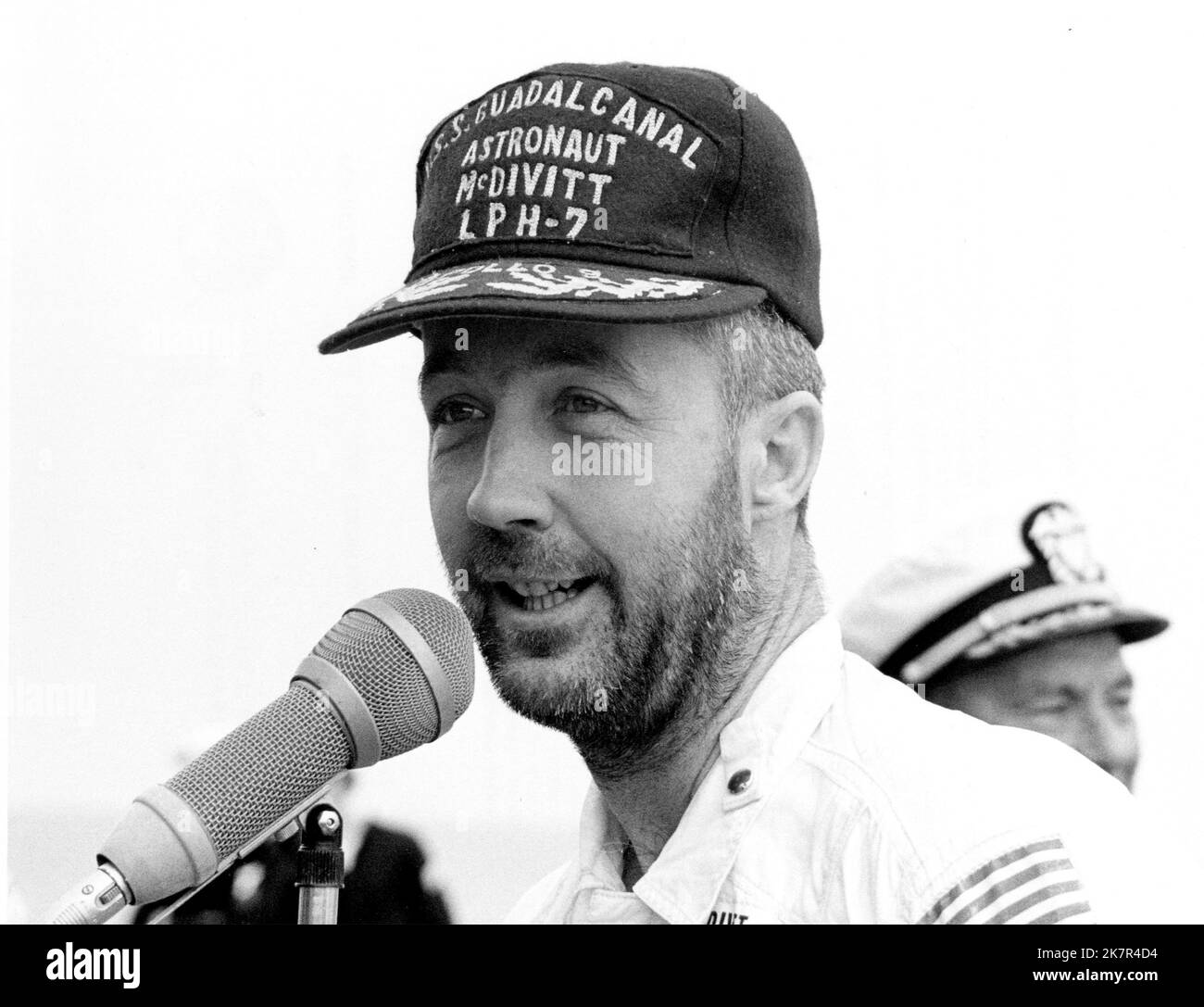 USS Guadalcanal, United States. 13th Mar, 1969. NASA Apollo 9 mission commander James McDivitt speaks to personnel aboard the USS Guadalcanal following Splashdown in the Atlantic Ocean, March 13, 1969 off the coast of Florida. McDivitt commanded the first Gemini spacewalk mission and commanded Apollo 9 during the first crewed orbital flight of a the lunar module, died October 15, 2022 at age 93. Credit: NASA/NASA/Alamy Live News Stock Photo