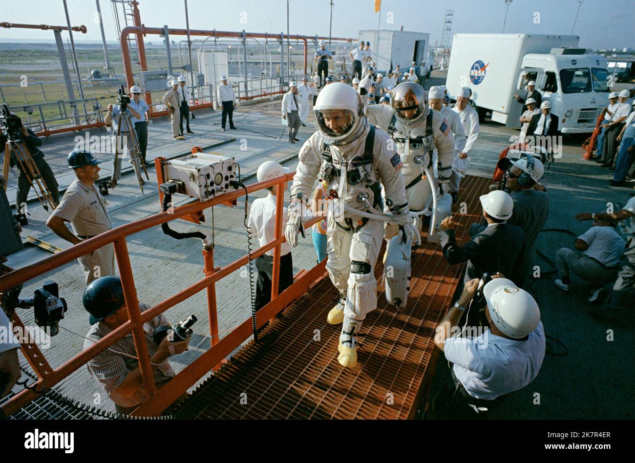 Cape Canaveral, United States. 18th Oct, 2022. NASA astronaut James A. McDivitt, commander of the Gemini Titan 4 space mission, followed by Edward H. White II, pilot, as they walk up the ramp at Pad 19 during prelaunch countdown at the Kennedy Space Center, June 3, 1965 in Cape Canaveral, Florida. McDivitt commanded the first spacewalk mission and took part in the first crewed orbital flight of a the lunar module, during Apollo 9 died October 15, 2022 at age 93. Credit: NASA/NASA/Alamy Live News Stock Photo