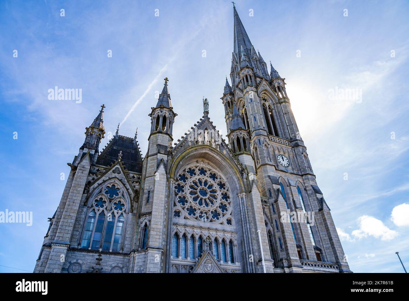 St. Colman's Cathedral in Cobh, Ireland has granite spire and is designed in French Gothic style Stock Photo