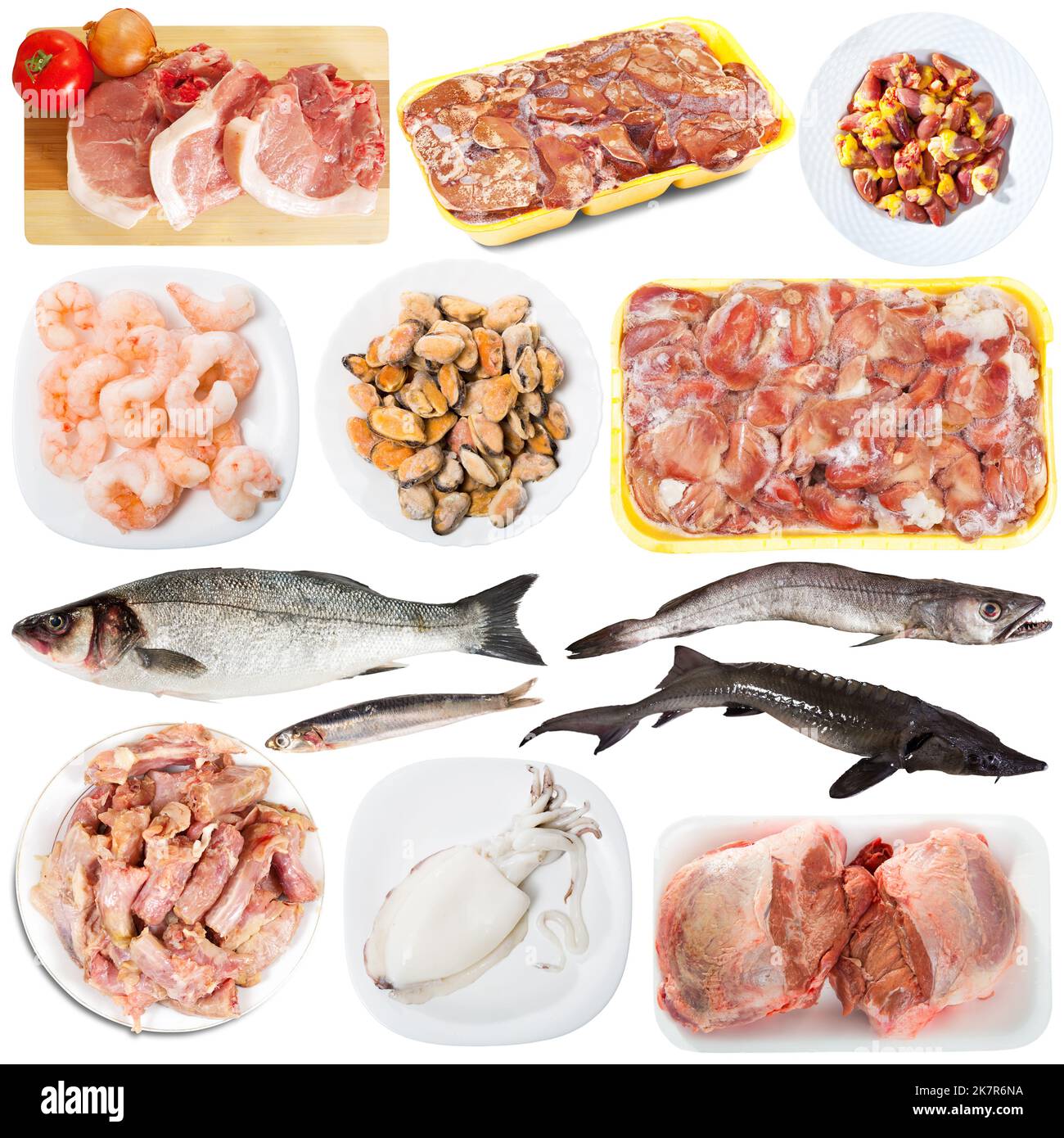 Raw meat and seafood products Stock Photo Alamy