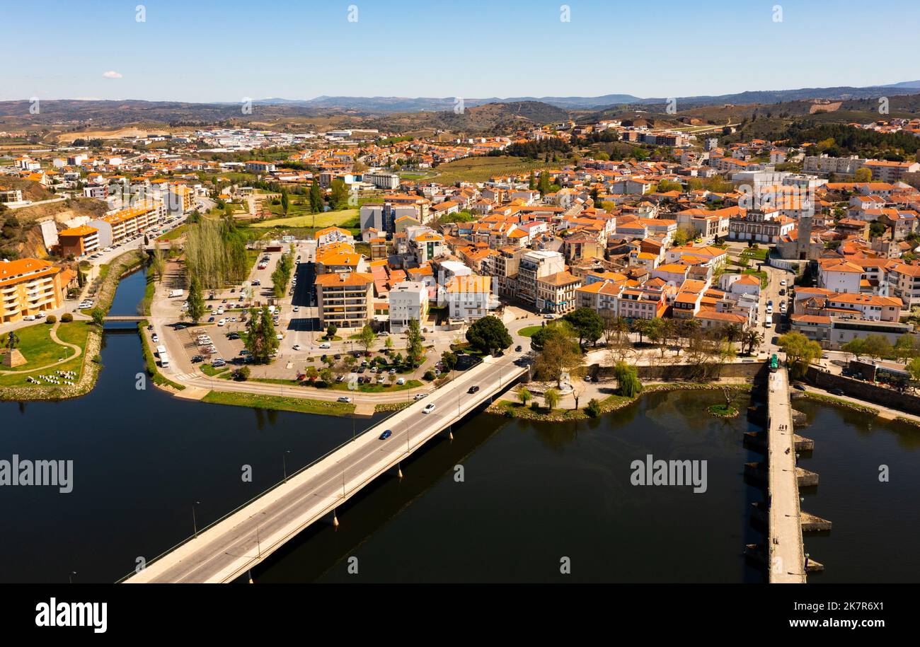 Drone view of Portuguese city of Mirandela on banks of Tua river Stock Photo